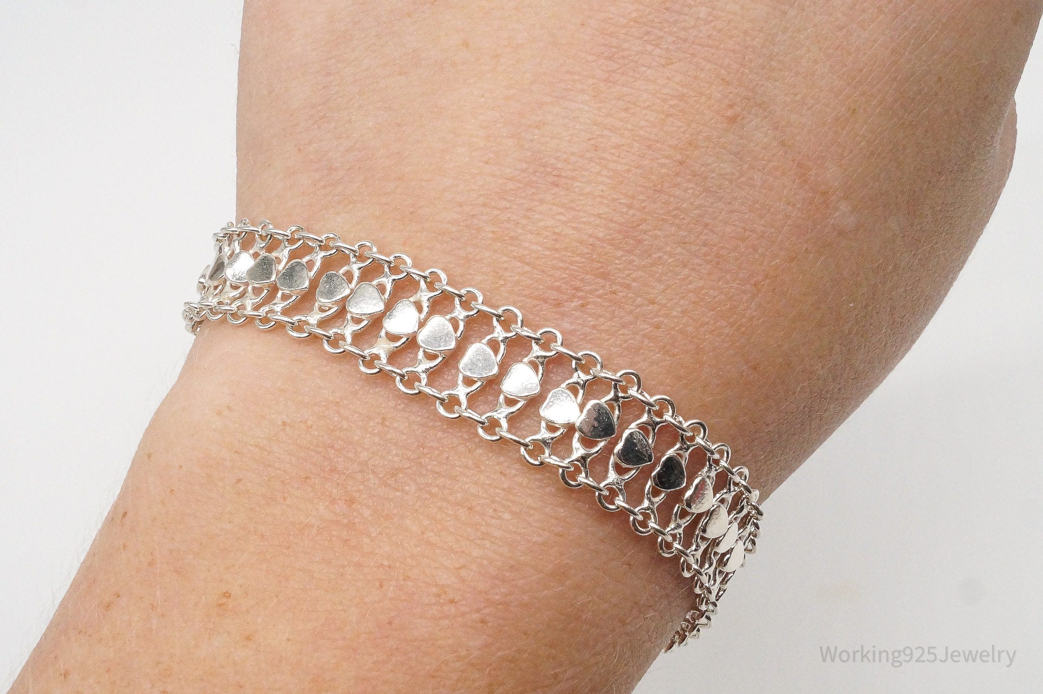 Vintage Hearts Mesh Chain Link Sterling Silver Bracelet