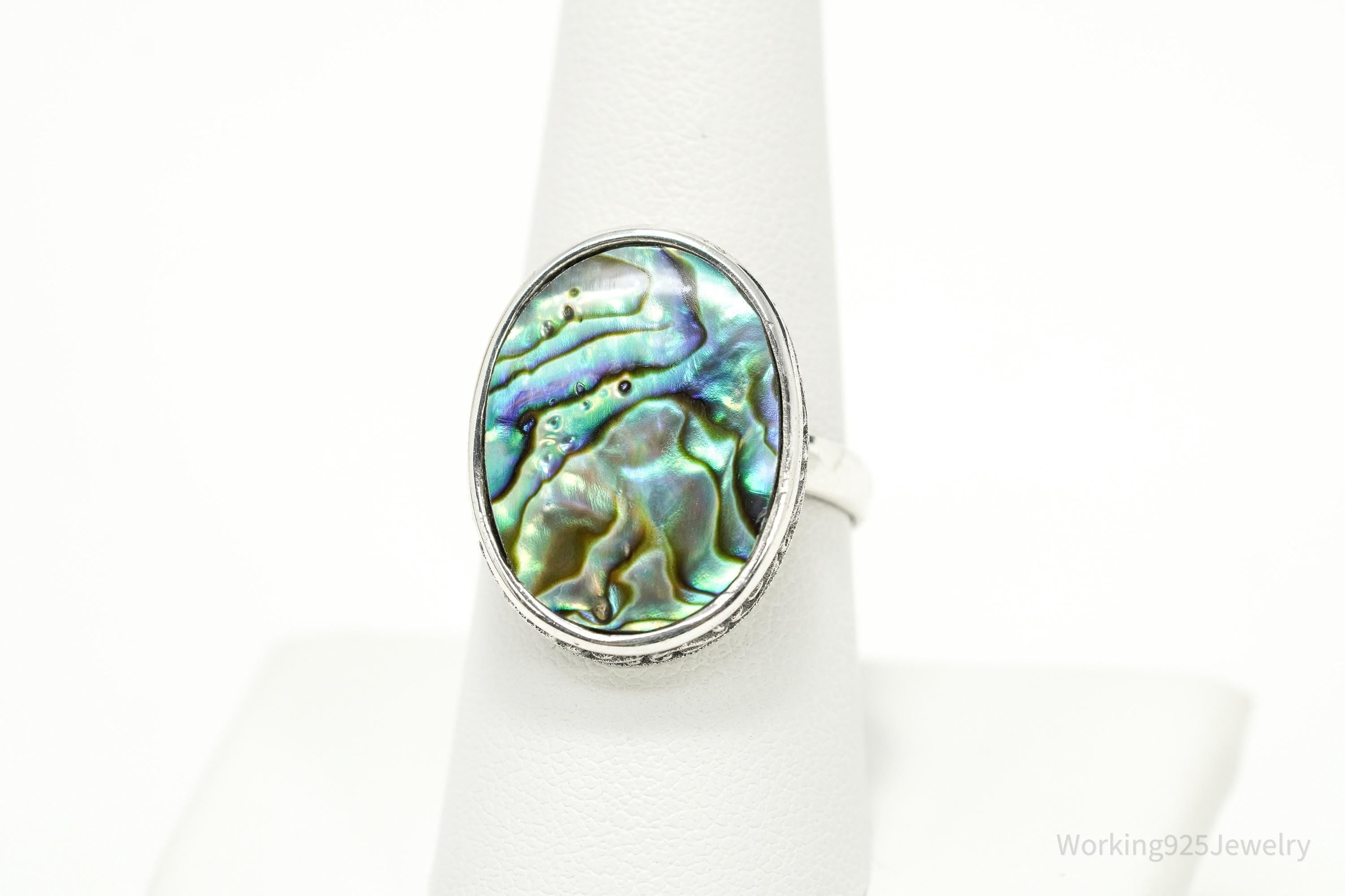 Vintage Sterling Silver Statement Ring • Large Paua Abalone Shell Inlay Size 9
