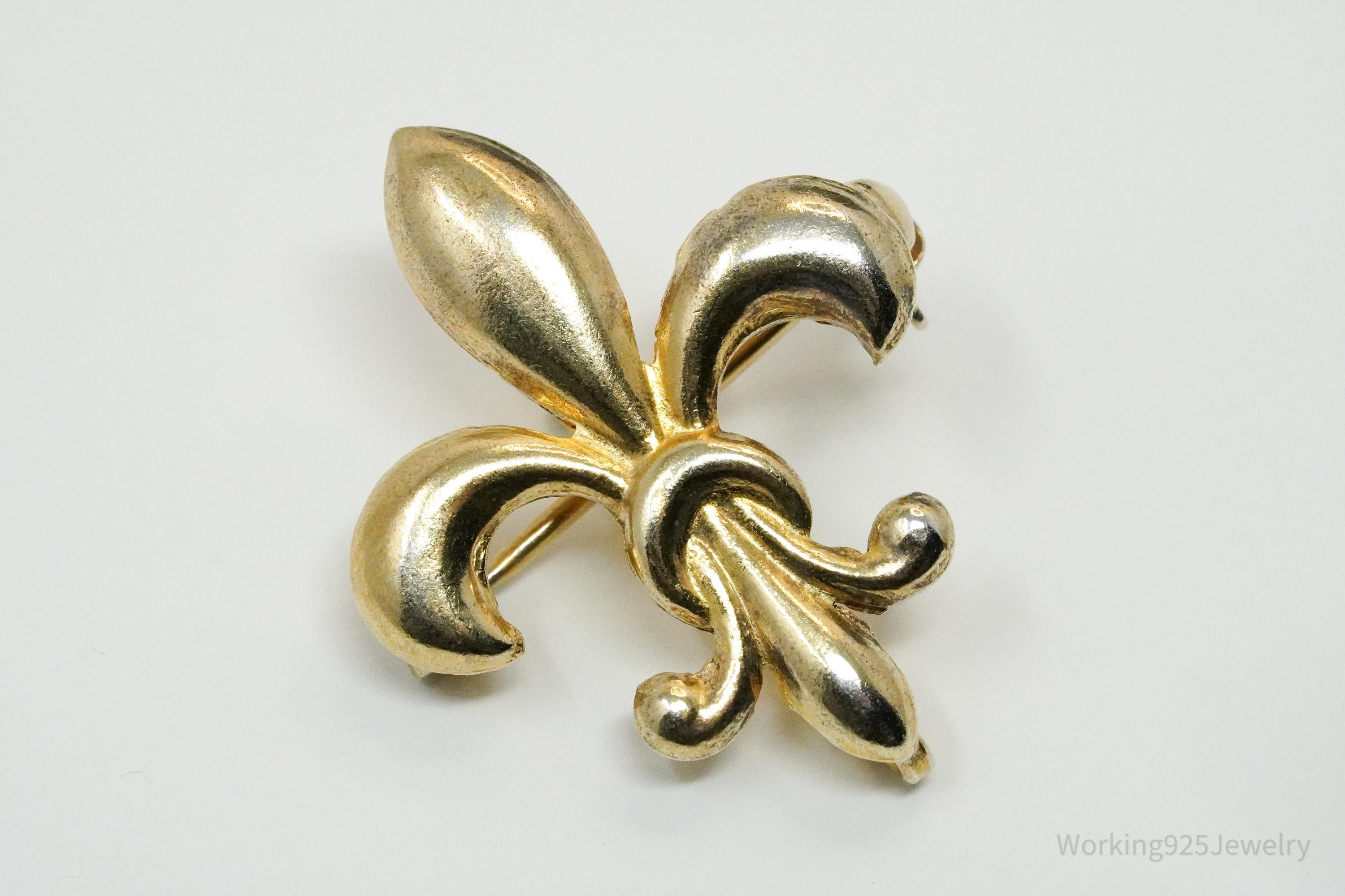 Vintage Fleur De Lis Gold Vermeil Sterling Silver Brooch Pin
