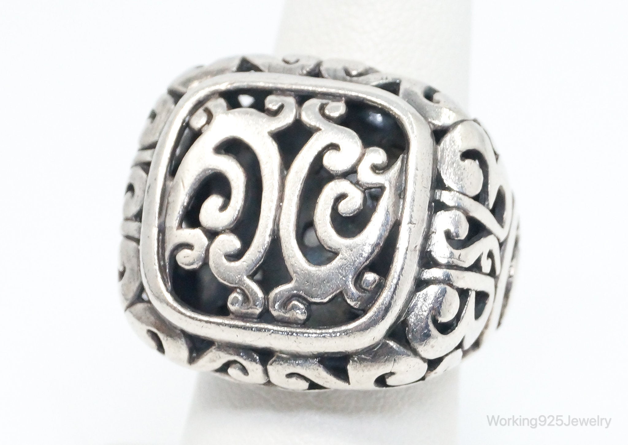 Vintage Tall Bali Style Scroll Swirls Sterling Silver Ring - Size 7