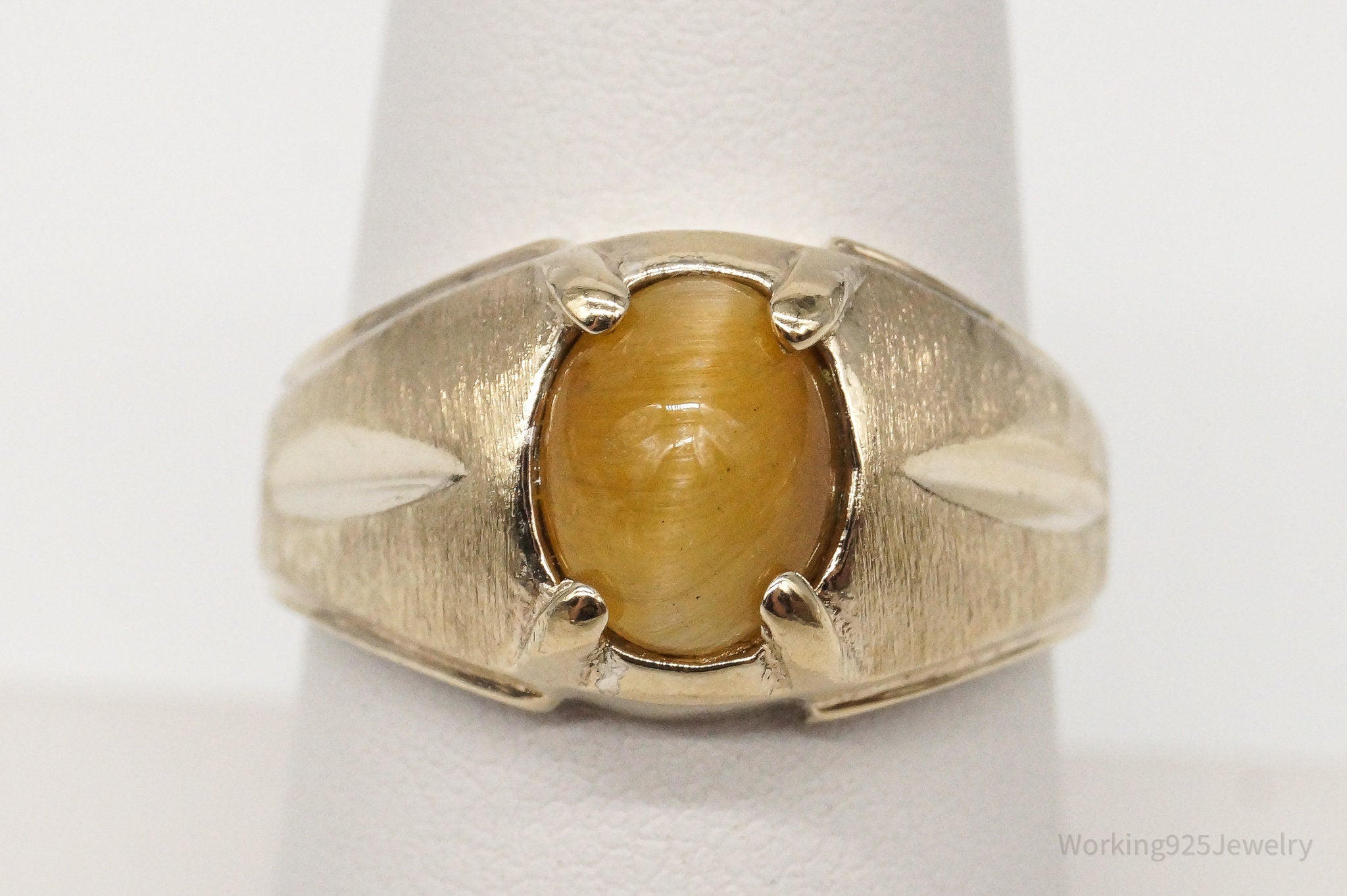 Vintage Yellow Cat's Eye Apatite Gold Vermeil Sterling Silver Ring Size 7.75