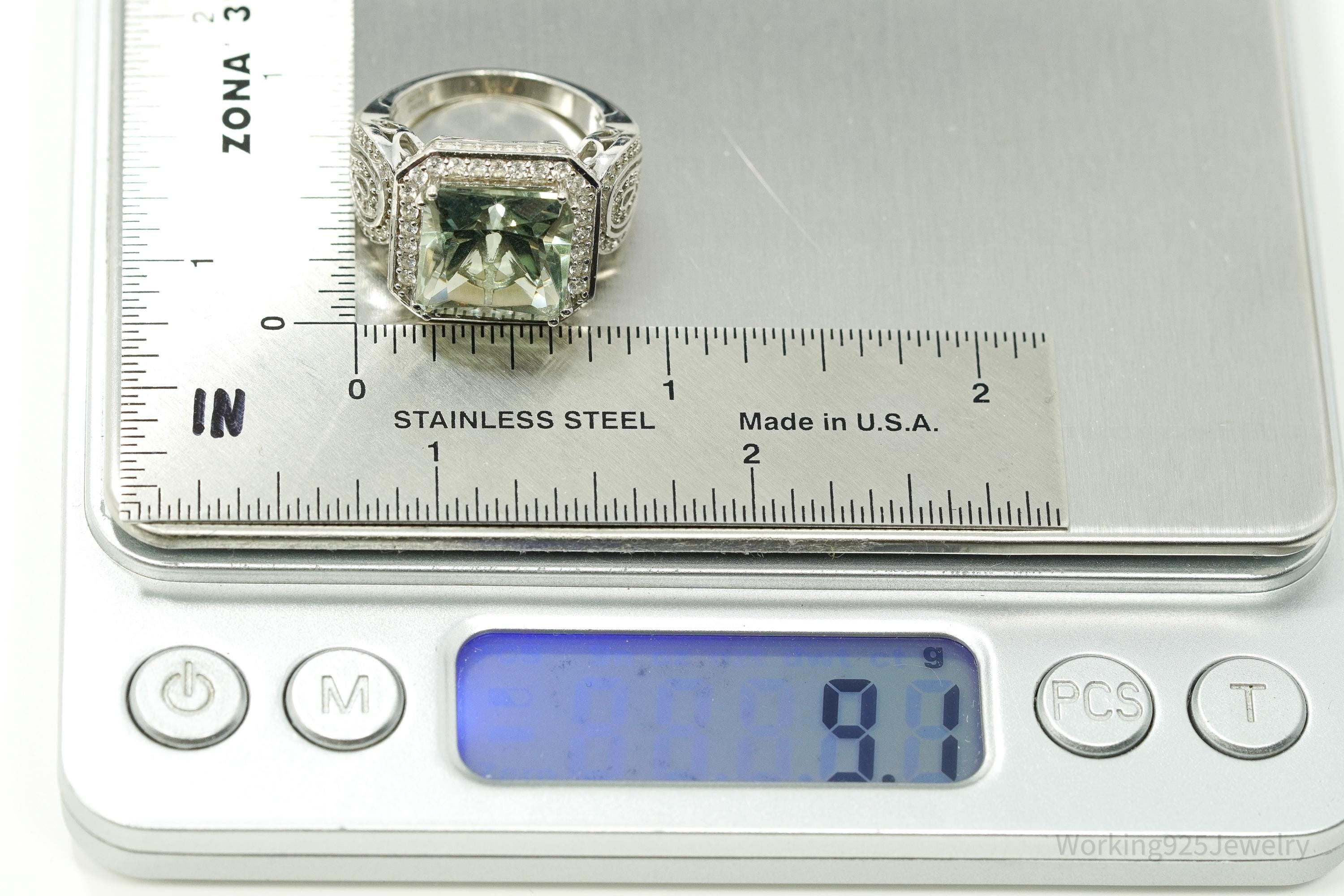 Large Green Amethyst & White Topaz Sterling Silver Ring - Size 7
