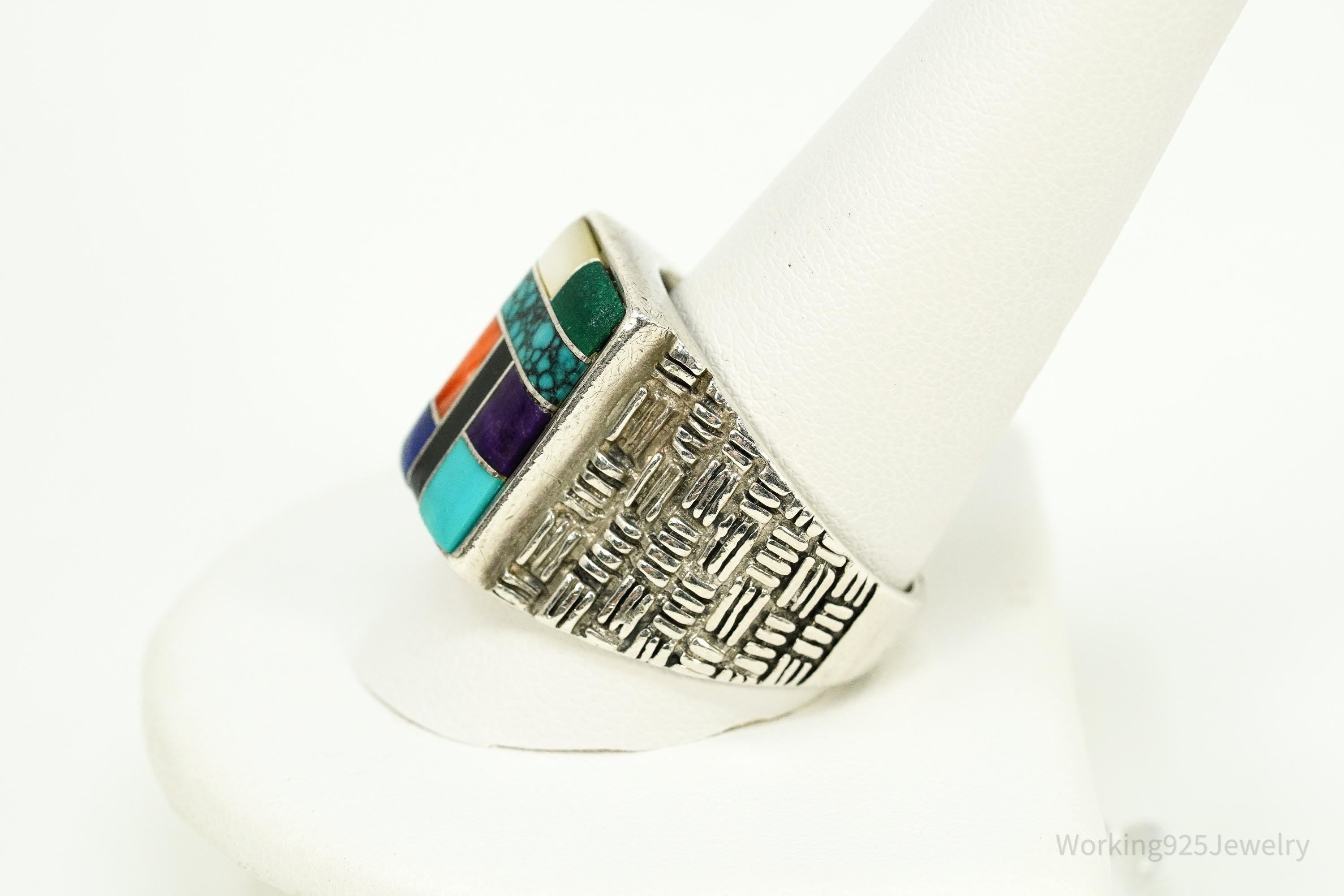 Vintage Native American Multi Gemstone Inlay Sterling Silver Ring - Size 12