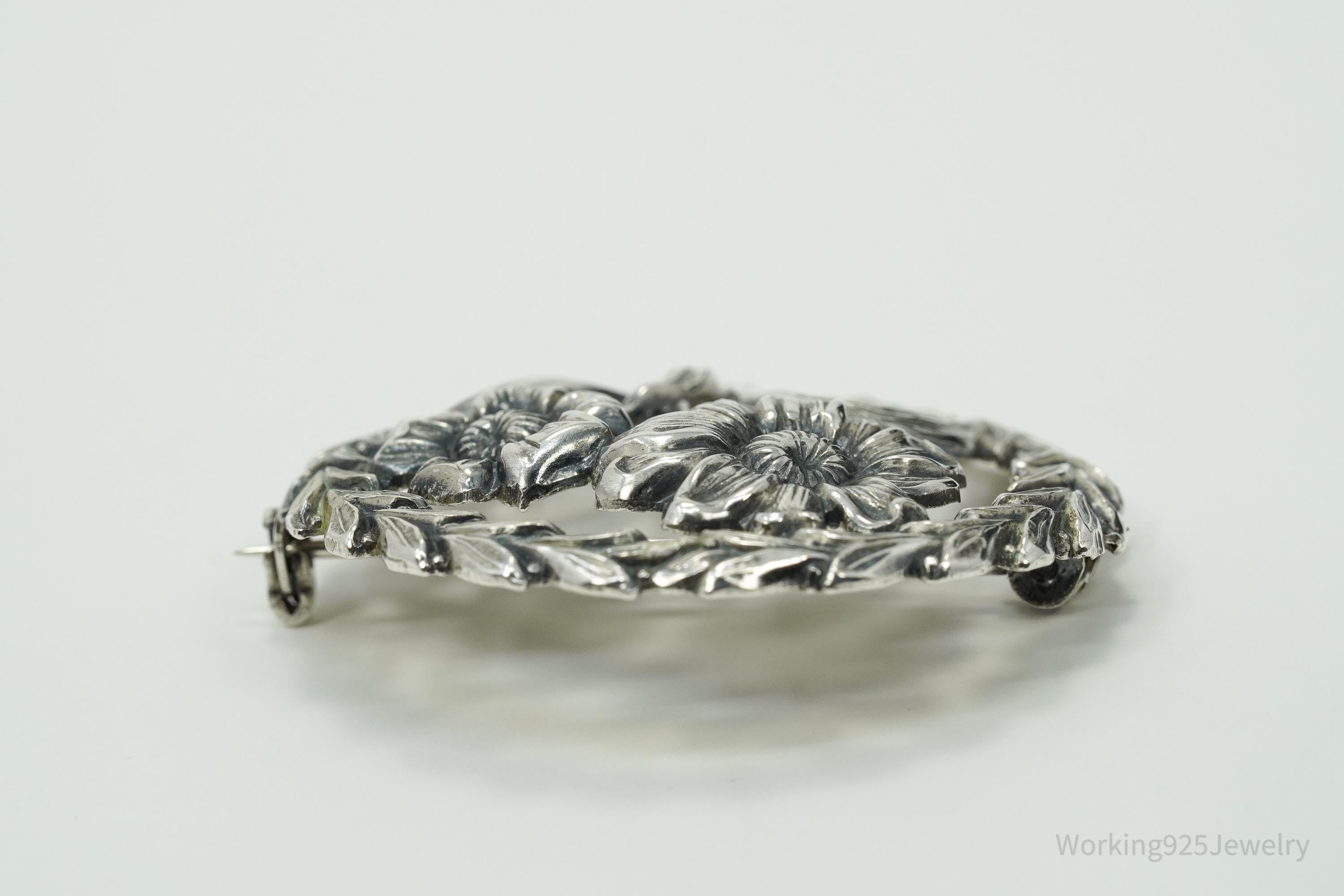 Antique Floral Wreath Sterling Silver Brooch Pin