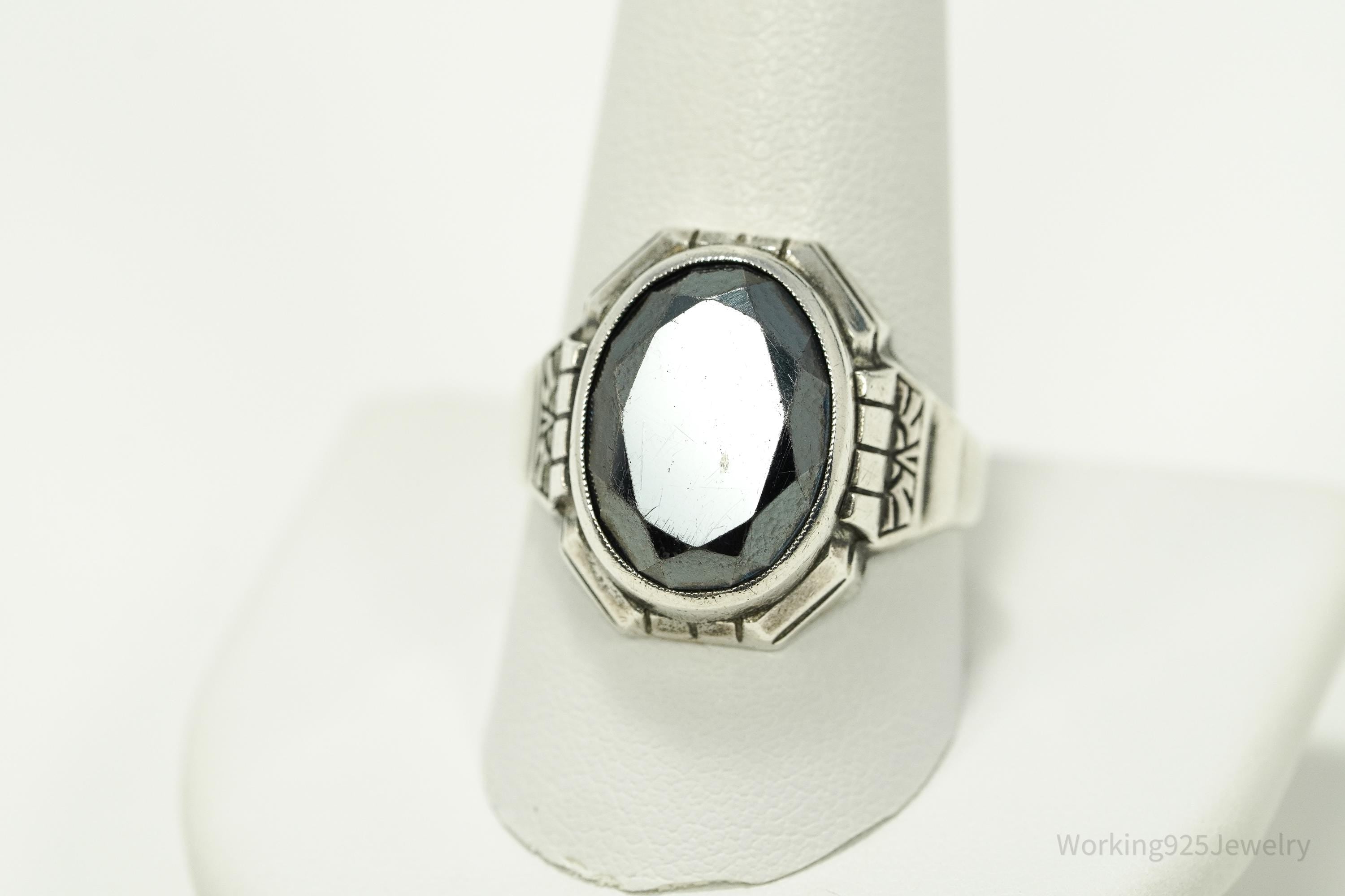 Antique Uncas MFG CO Hematite Sterling Silver Ring Size 10.75