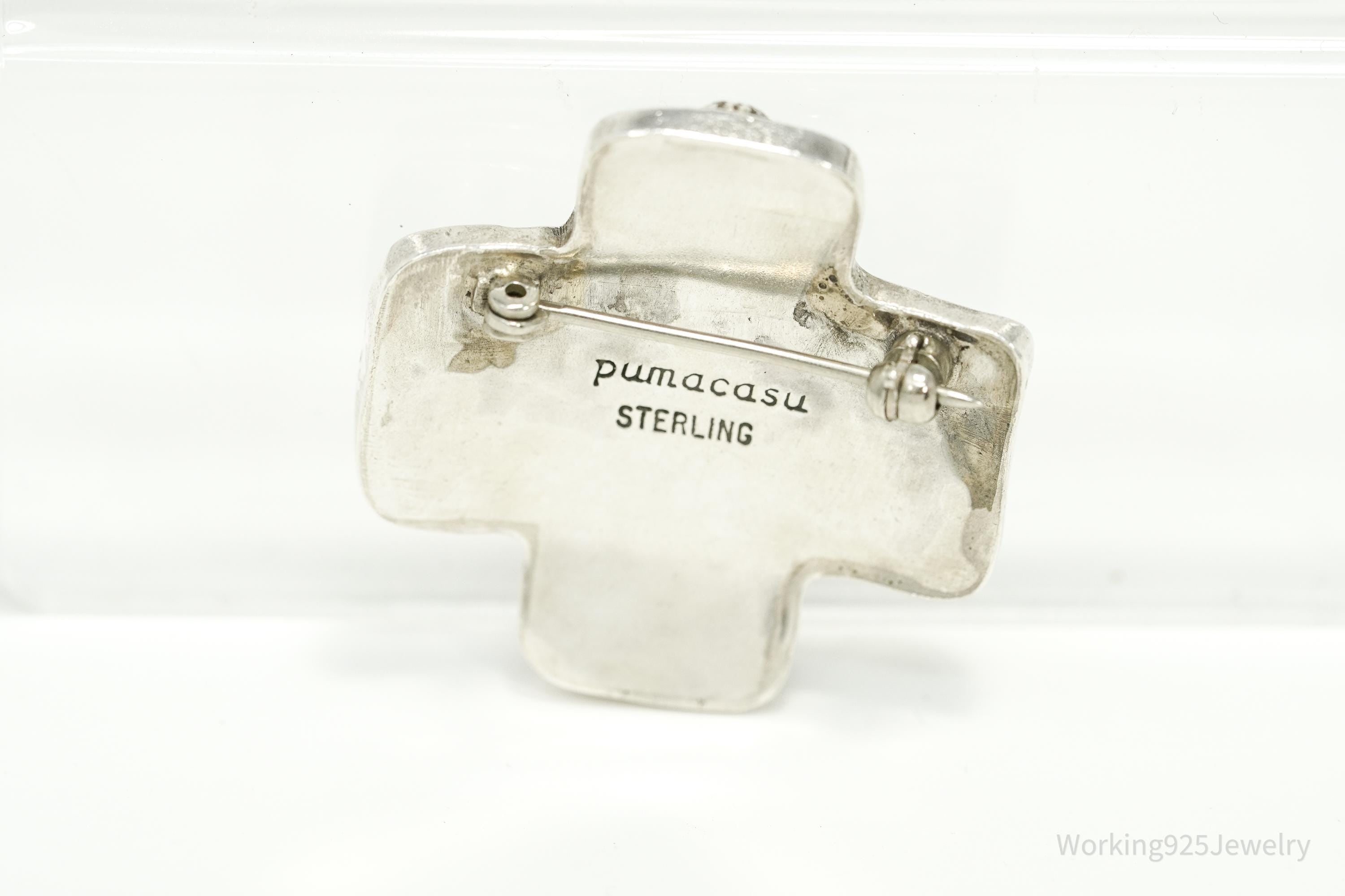 Native American Style Cross With Green Stones Sterling Silver Pin