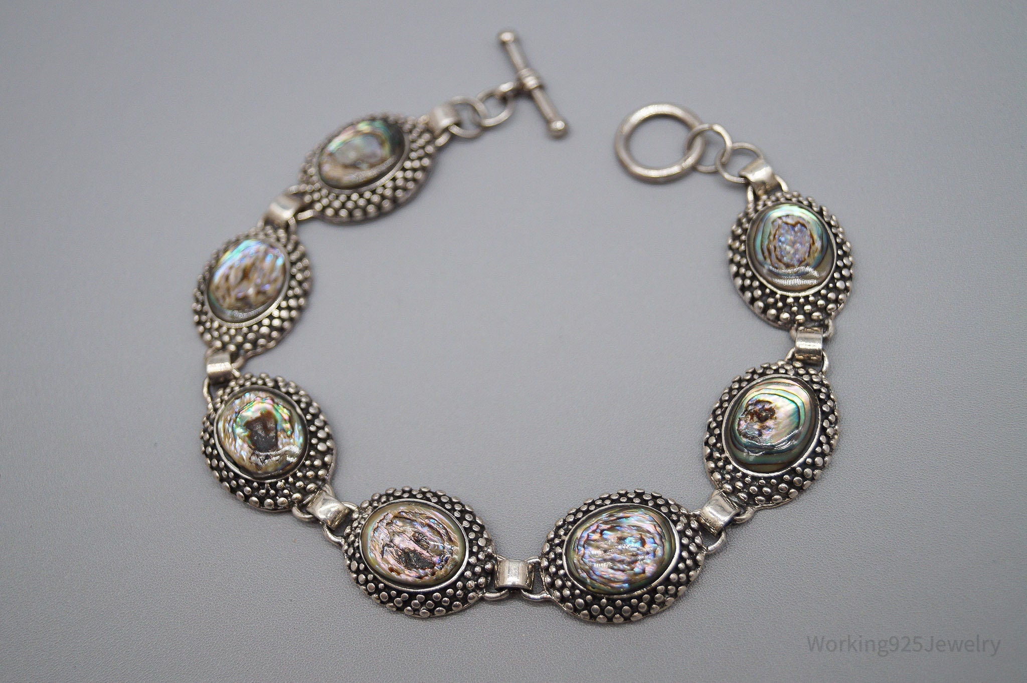Vintage Paua Abalone Shell Inlay Sterling Silver Bracelet 8.25"
