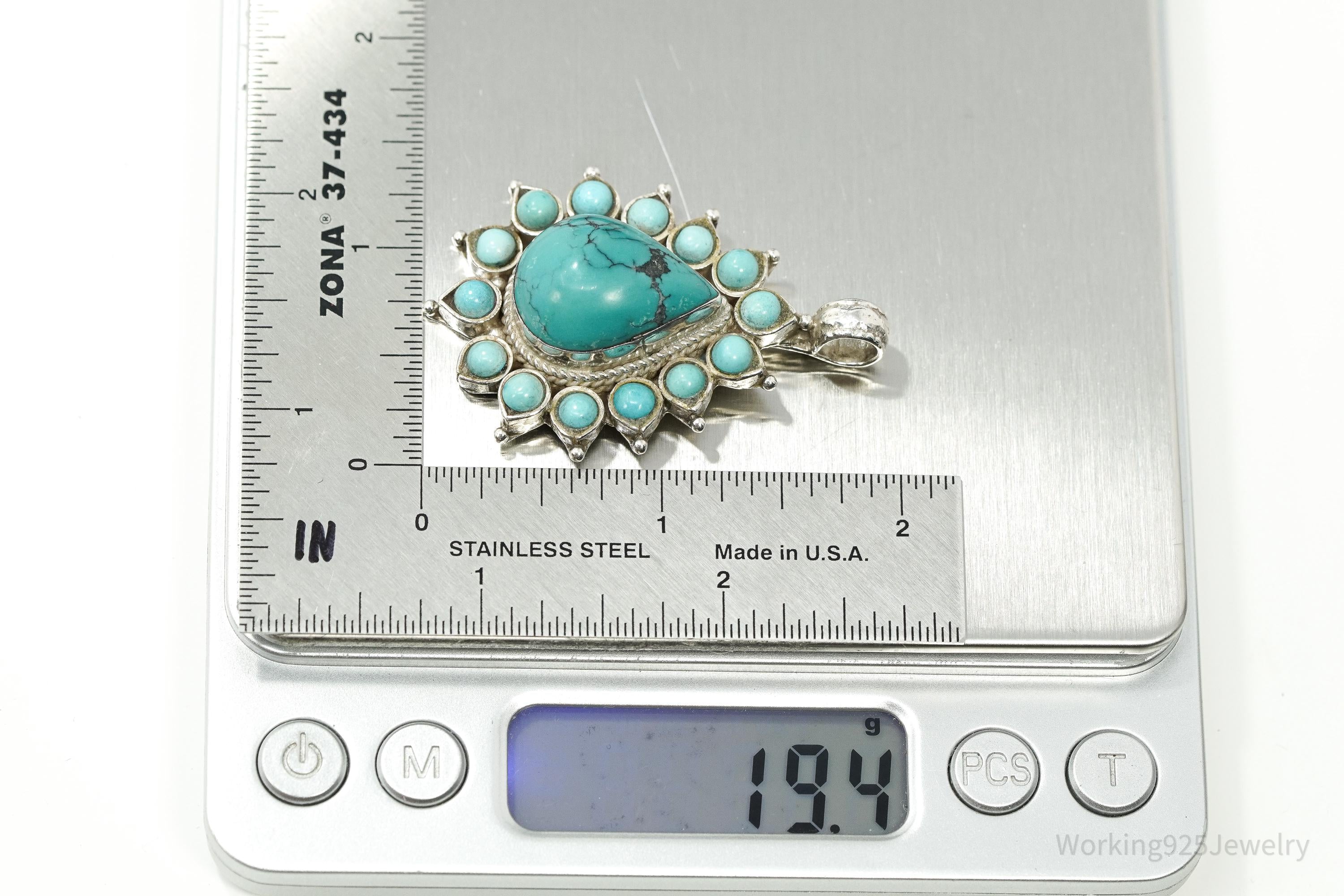 Large Vintage Turquoise Teardrop Sterling Silver Pendant