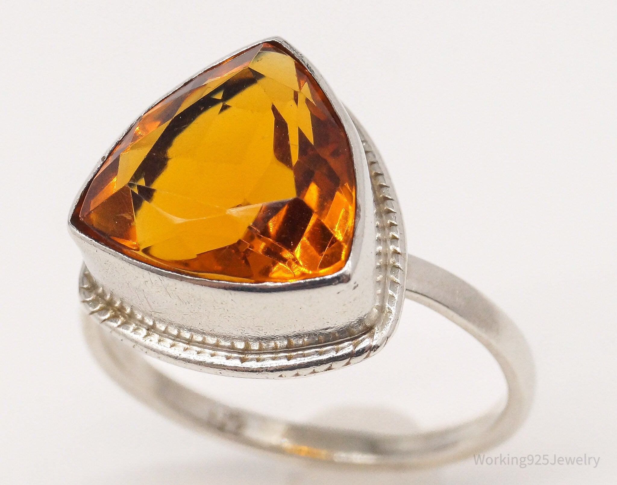 Vintage Large Orange Gemstone Sterling Silver Ring - Size 8.25