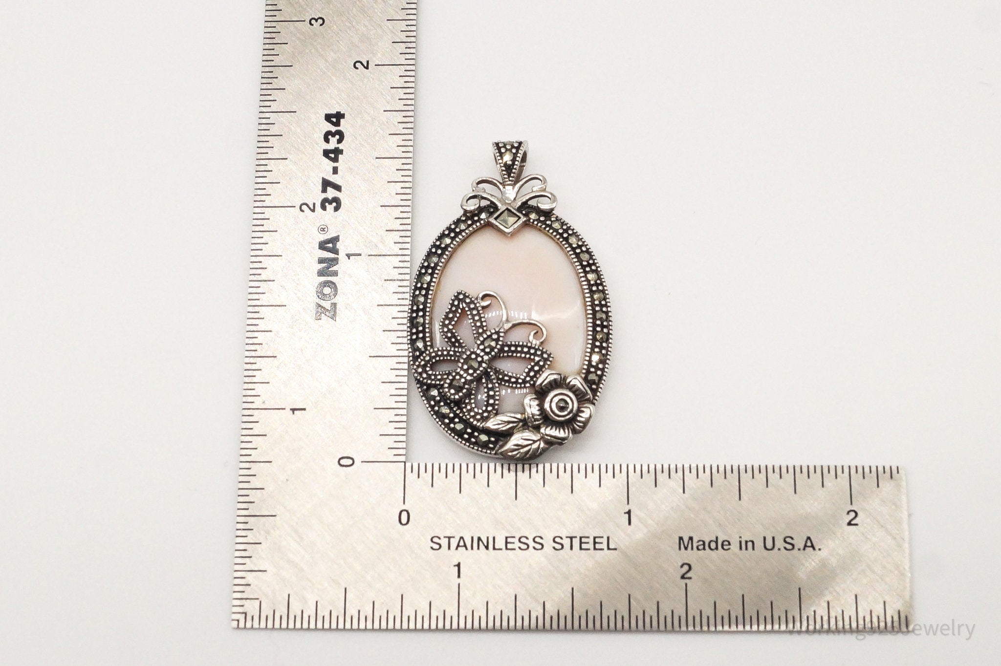 VTG Pink Mother of Pearl Marcasite Butterfly Flower Sterling Silver Pendant