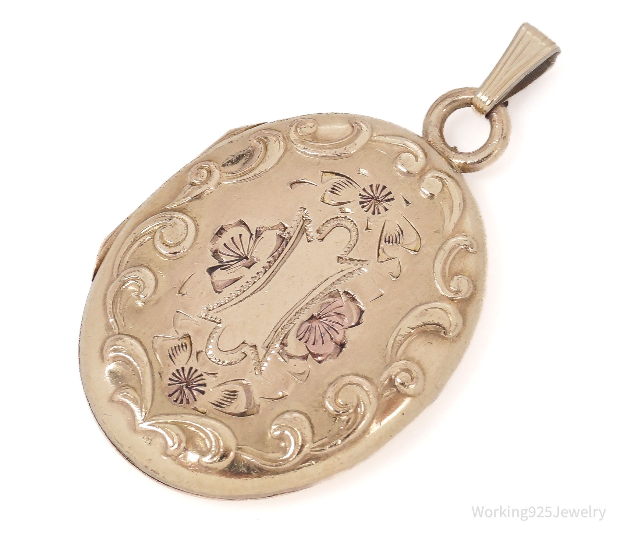 Antique 12K Gold Filled Floral Etched Locket Pendant