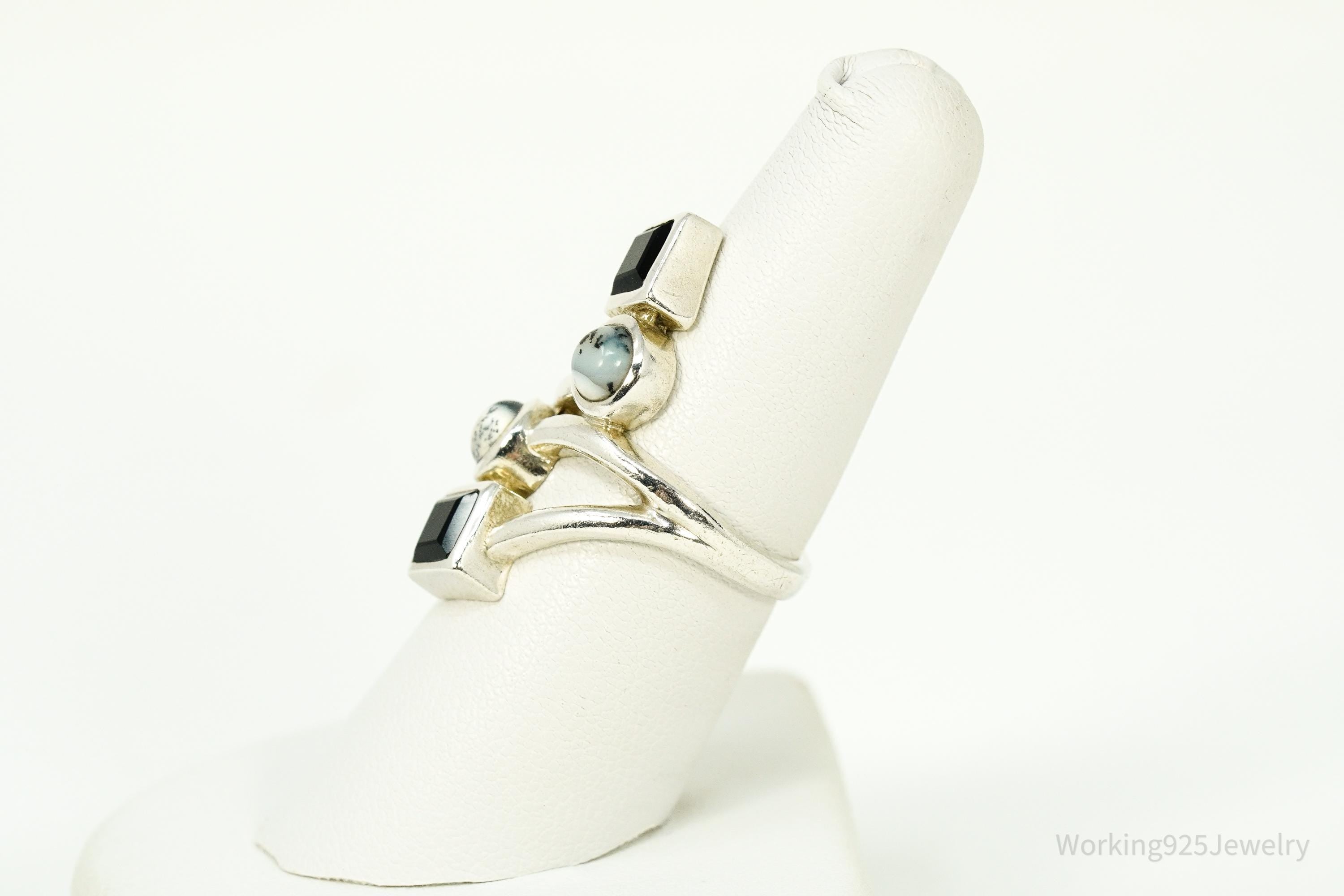 Vintage Dendritic Agate & Black Onyx Silver Ring - Size 6.75