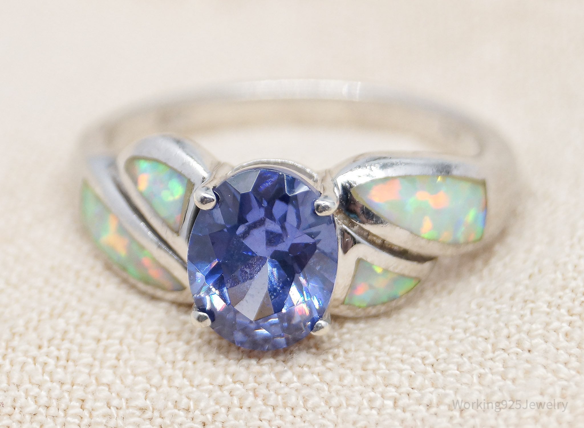 Vintage Iolite & Opal Inlay Sterling Silver Ring - Size 9.25