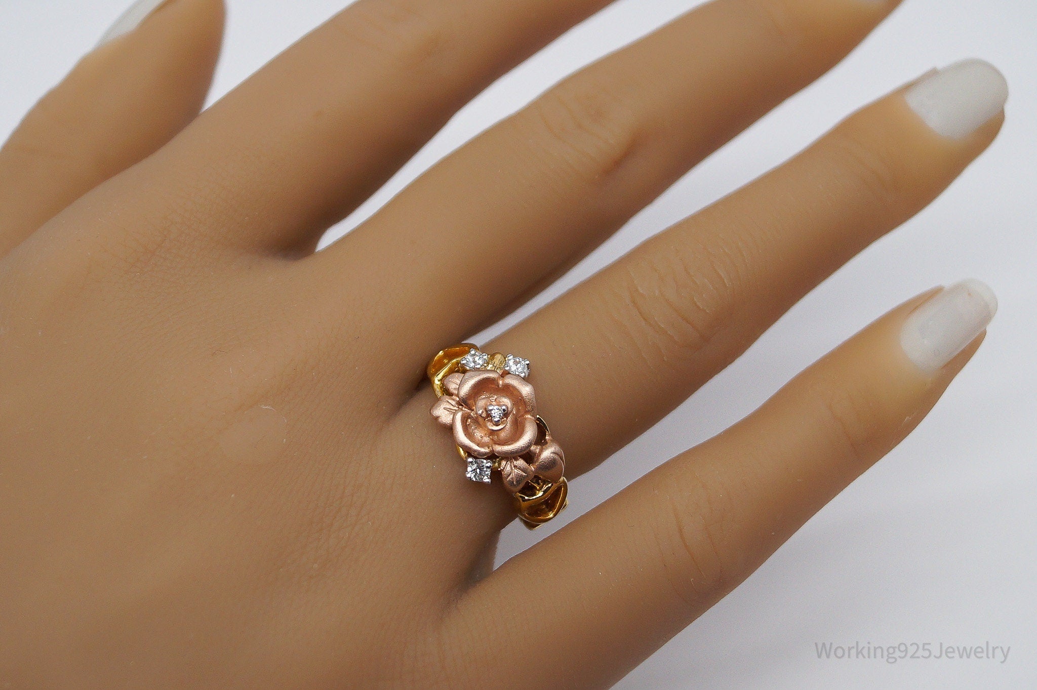 RARE VTG Franklin Mint Diamond & White Sapphires Gold Over Sterling Silver Ring SZ 7