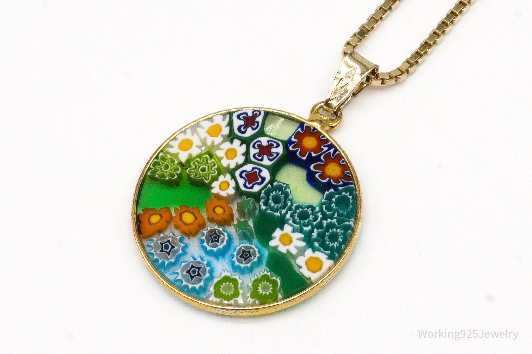 Vintage Glass Murano Millefiori Flowers Gold Vermeil Sterling Silver Necklace