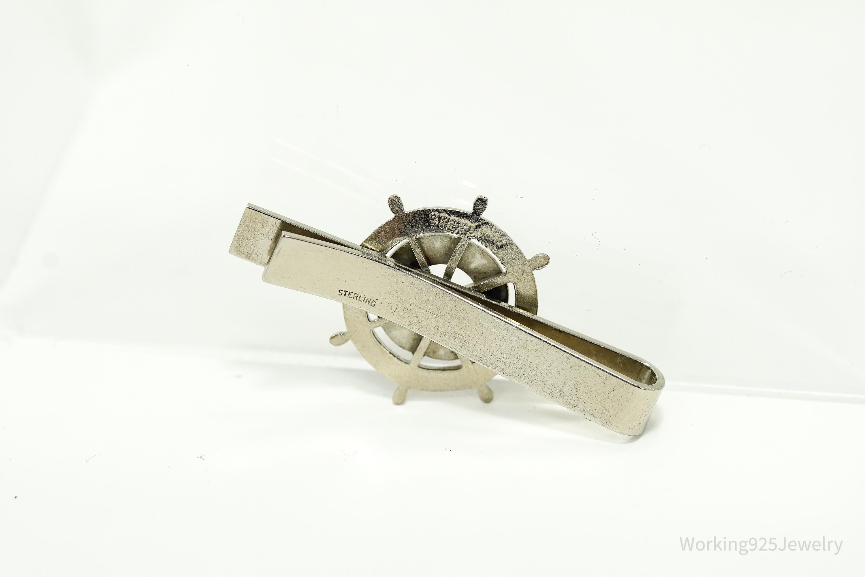 Vintage Blue & White Enamel Ship Wheel Sterling Silver Tie Bar