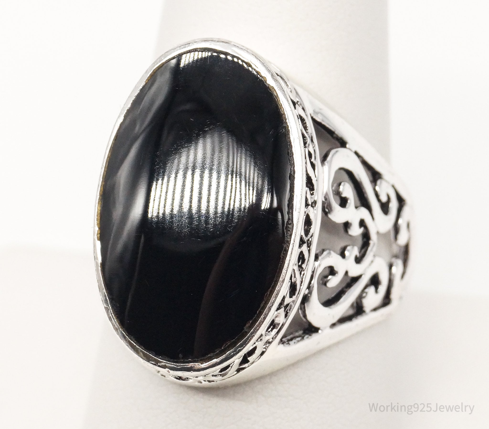 Vintage Large Black Onyx Sterling Silver Ring - Size 9.25