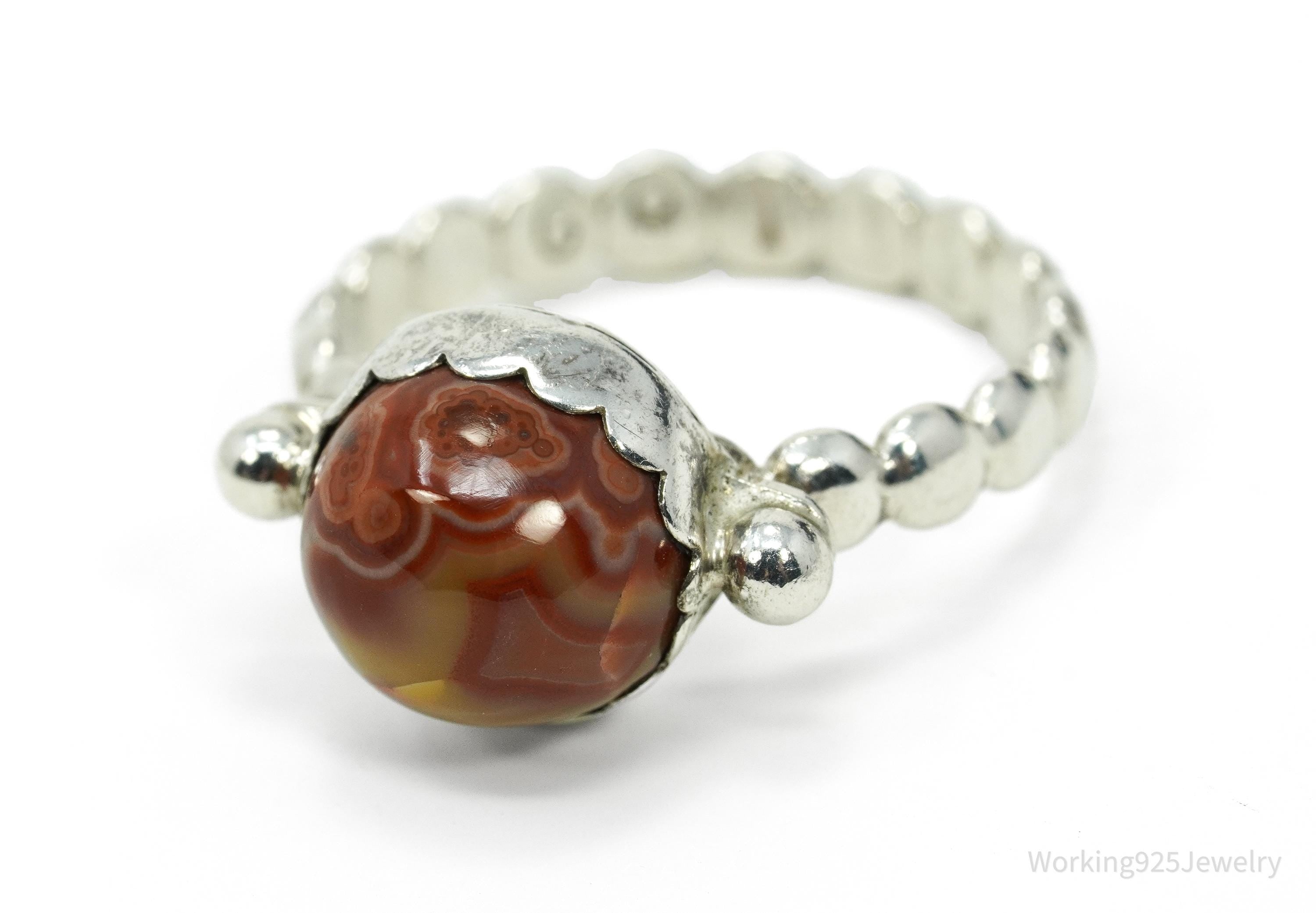 Vintage Agate Modernist Style Silver Ring - Size 7