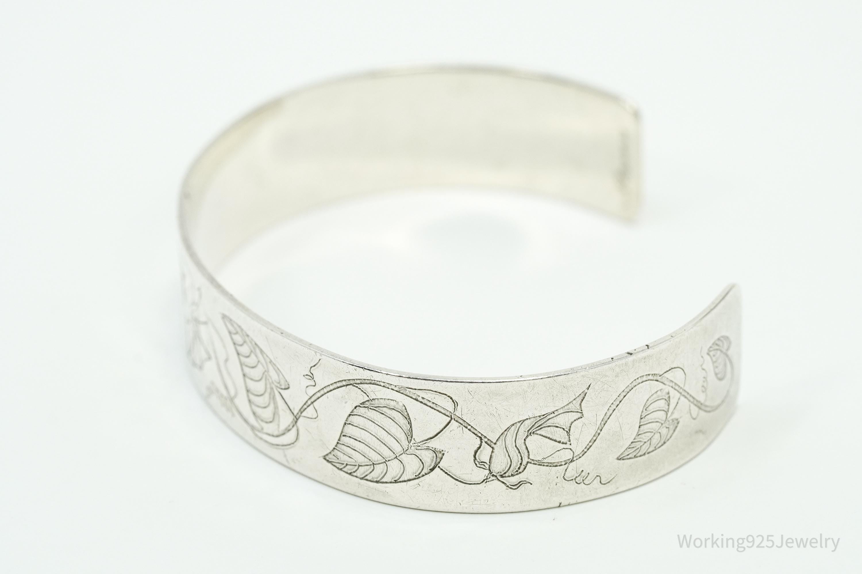 Vintage Floral Pattern Flowers Sterling Silver Cuff Bracelet 6.75"