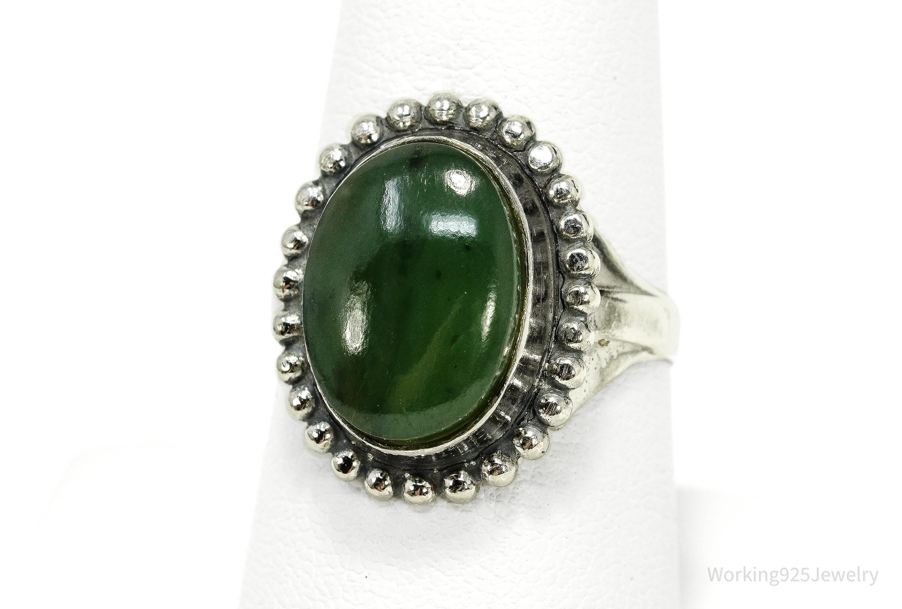 Antique Nephrite Jade Sterling Silver Ring - Size 8.25