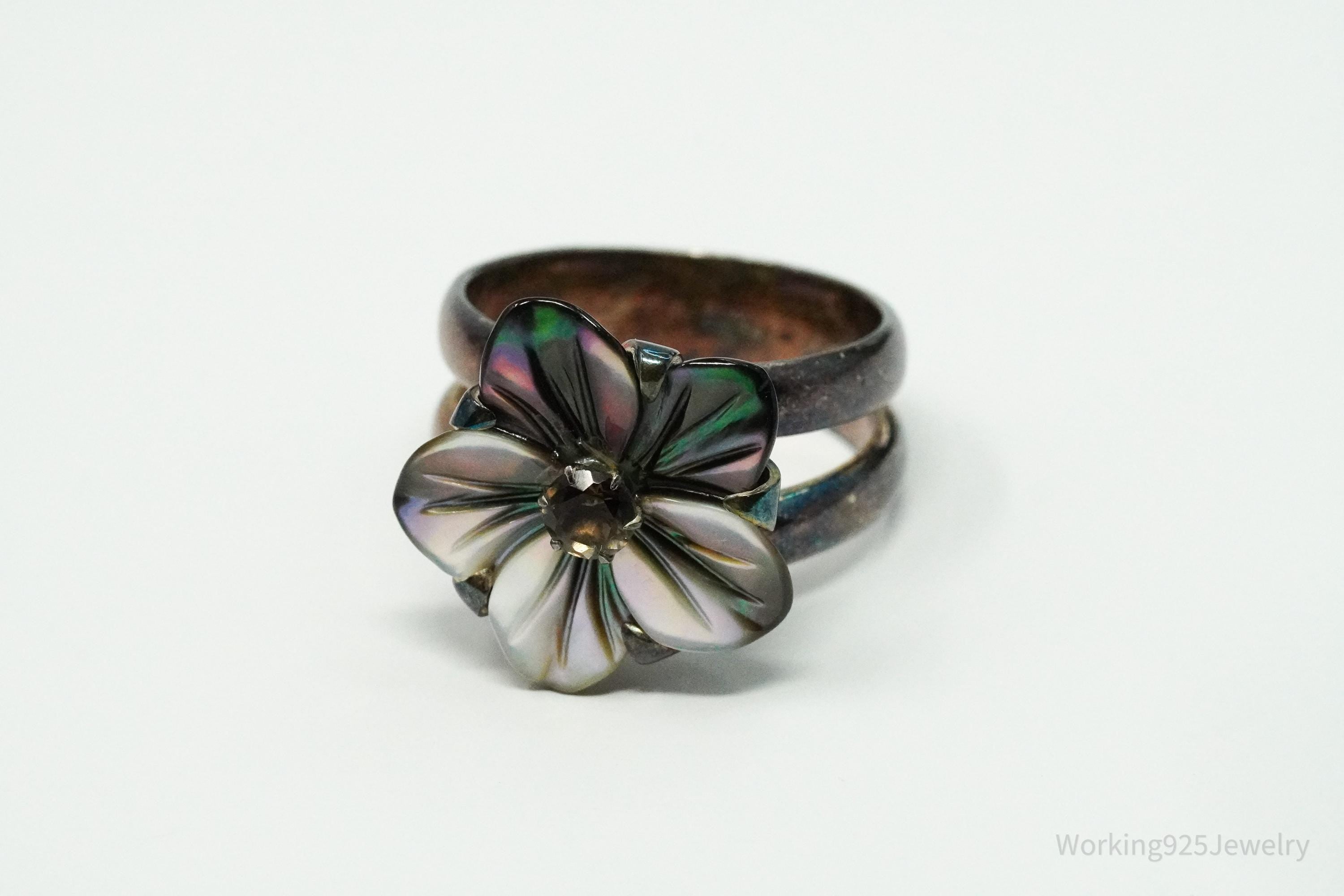 Vintage Black Mother Of Pearl & Smoke Topaz Flower Sterling Silver Ring - Size 8
