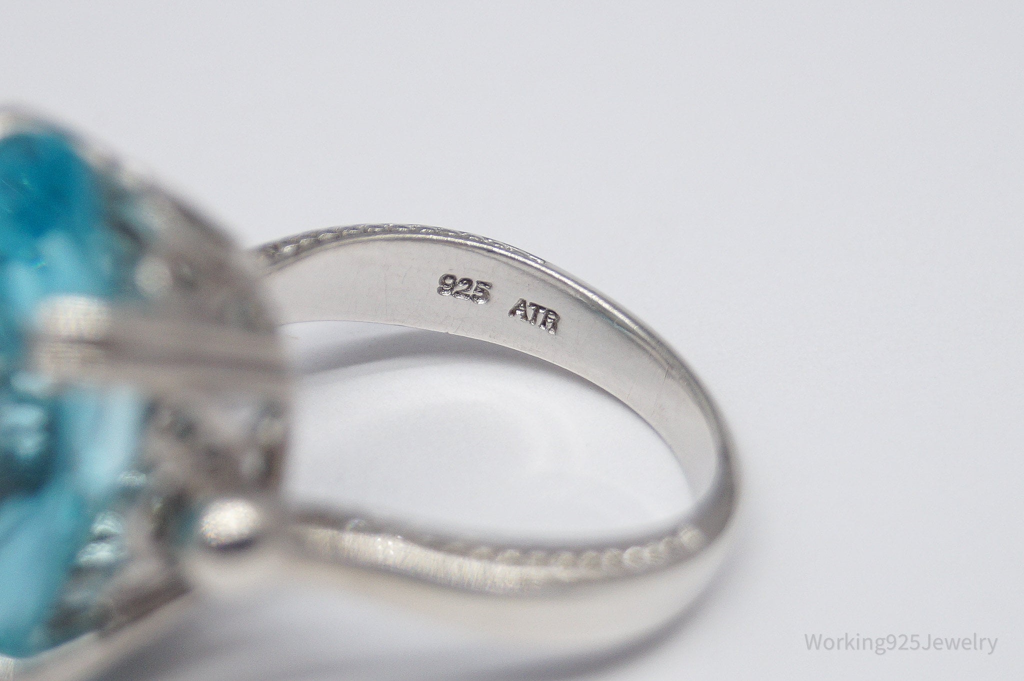 Vintage ATR Large Glass Faux Blue Topaz Sterling Silver Ring - Size 7.25