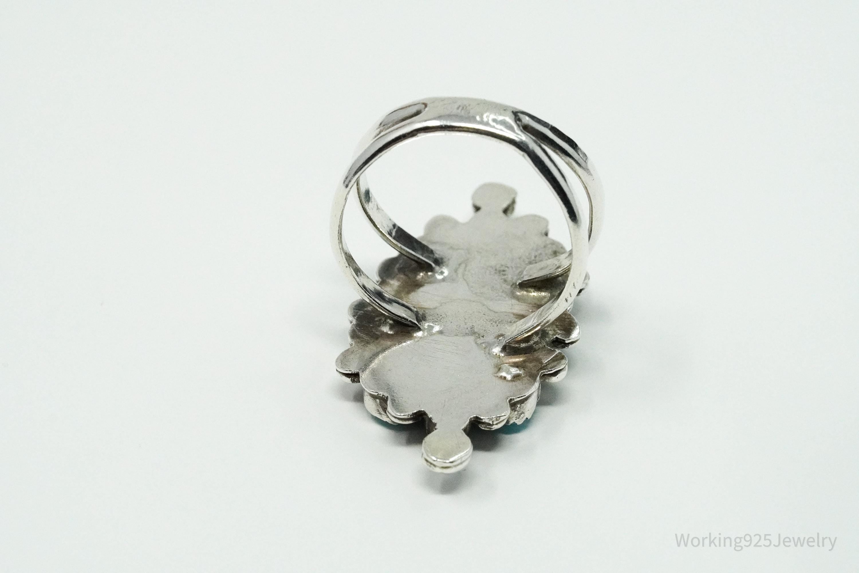Vintage Handmade Native American Turquoise Inlay Unsigned Silver Ring - Size 10.75