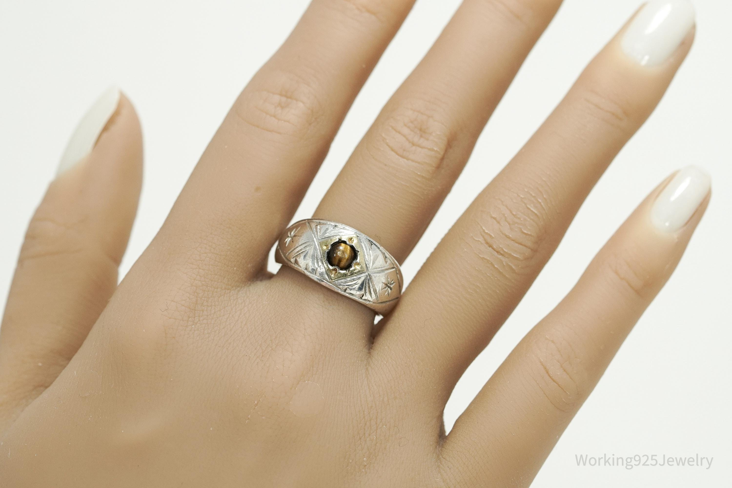 Antique Vintage Tigers Eye Gold Wash Silver Ring - Size 8.75