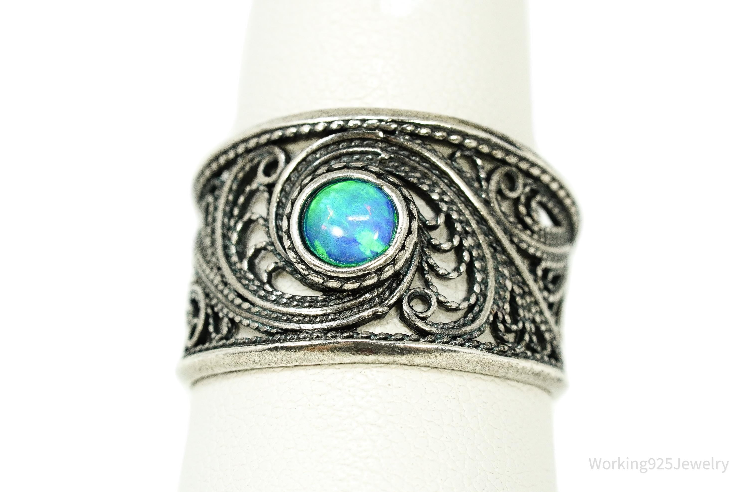Vintage Opal Sterling Silver Filigree Ring - Size 8.25
