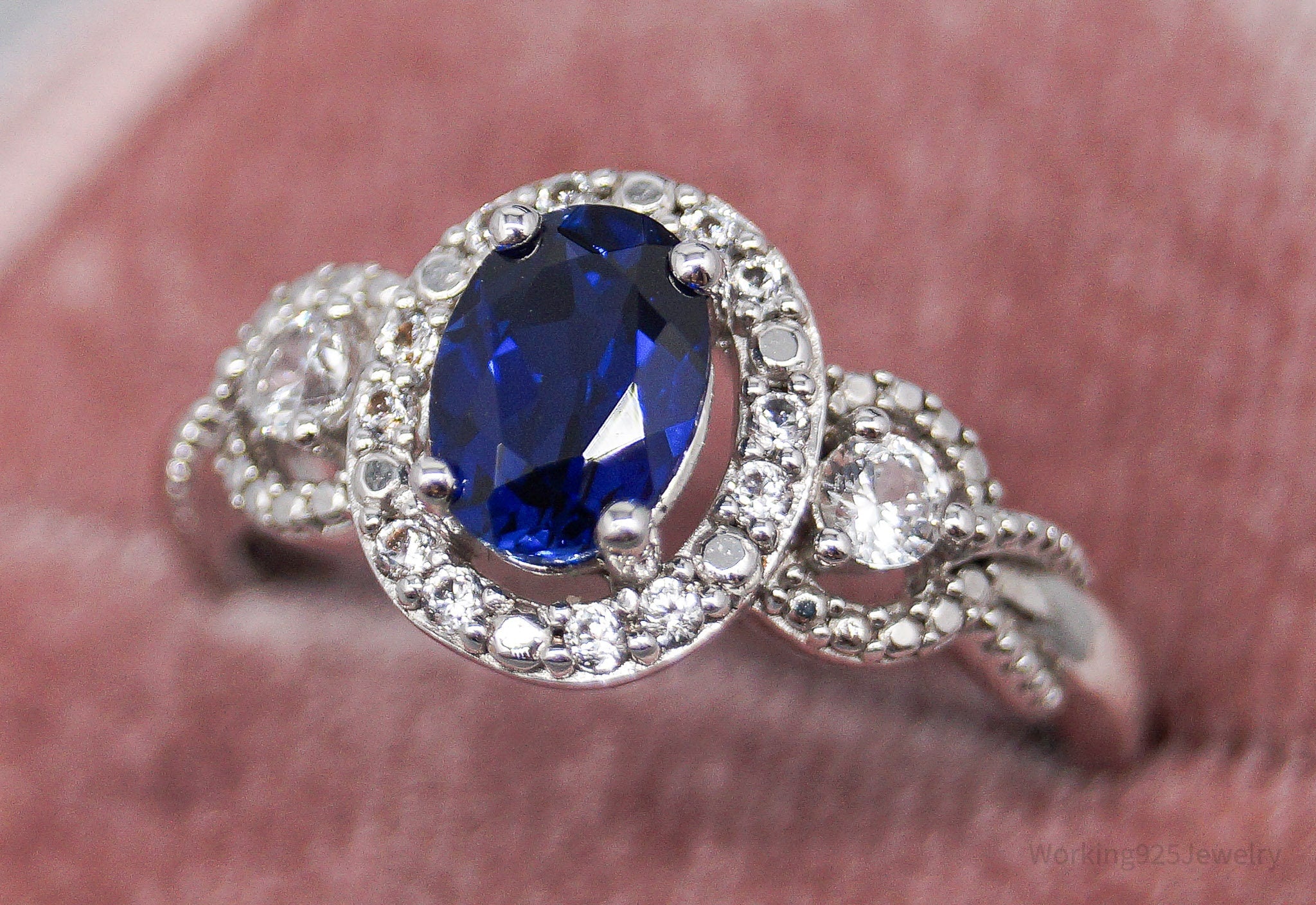 Vintage Lab Sapphire Cubic Zirconia Sterling Silver Ring - Size 6.75
