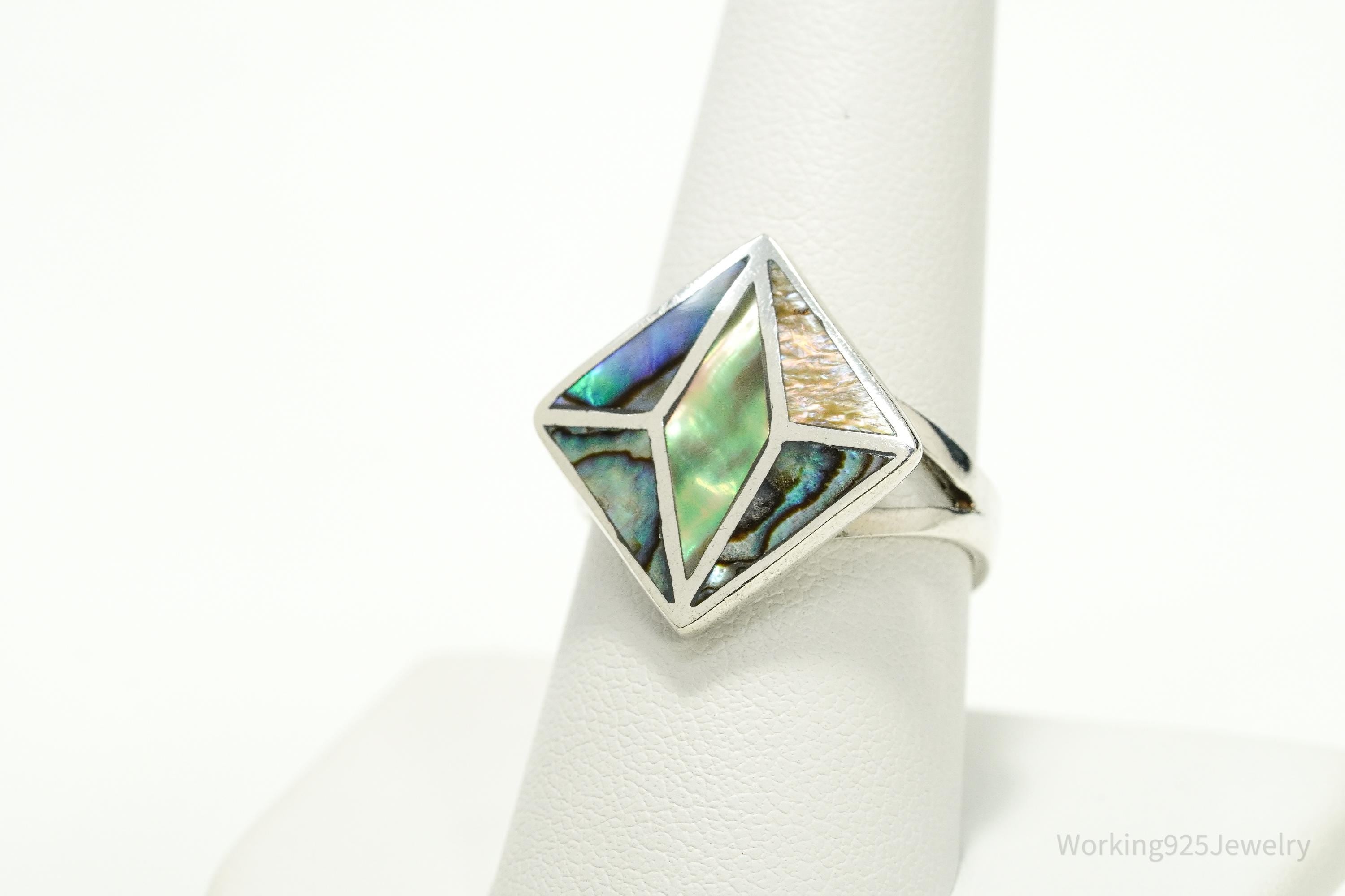 Vintage Paua Abalone Shell Inlay Sterling Silver Ring - Size 8.5