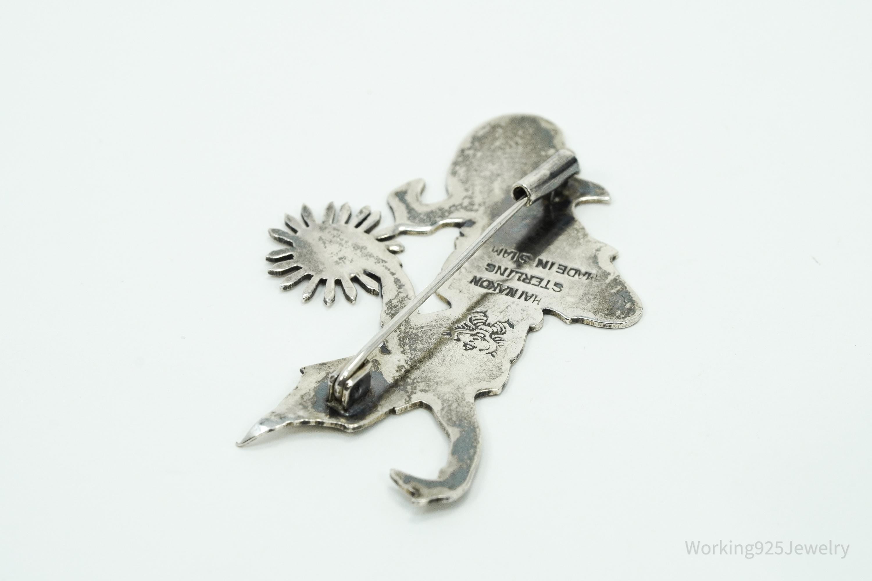 Large Vintage Thai Nakon Siam Black Enamel Sterling Silver Brooch Pin