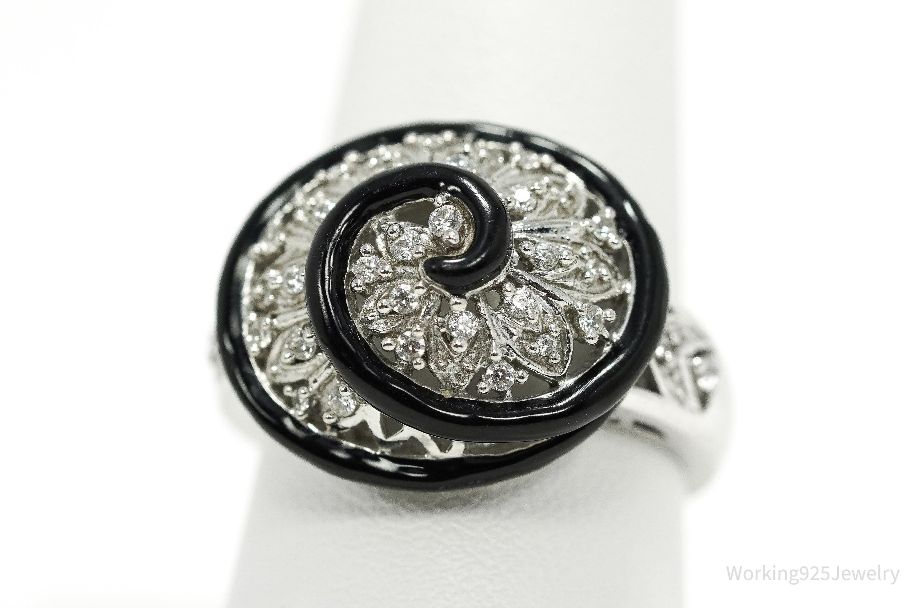 Vintage Designer Cubic Zirconia & Enamel Spiral Sterling Silver Ring - Size 9