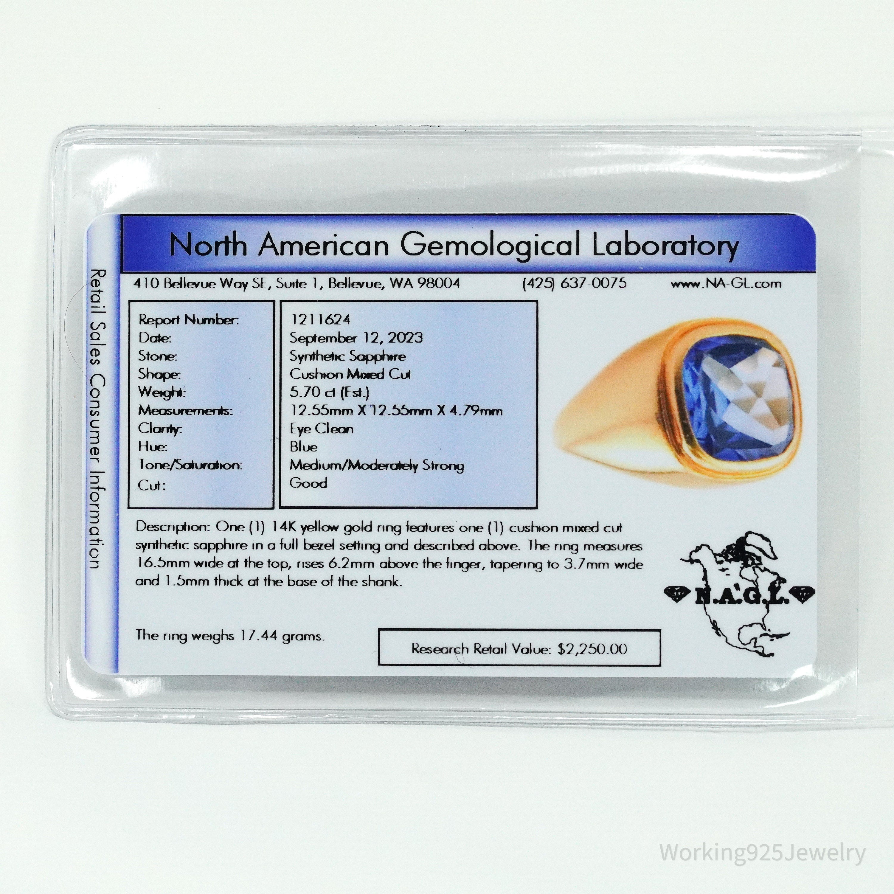 14K Yellow Gold & Synthetic Sapphire Ring - Size 9.75