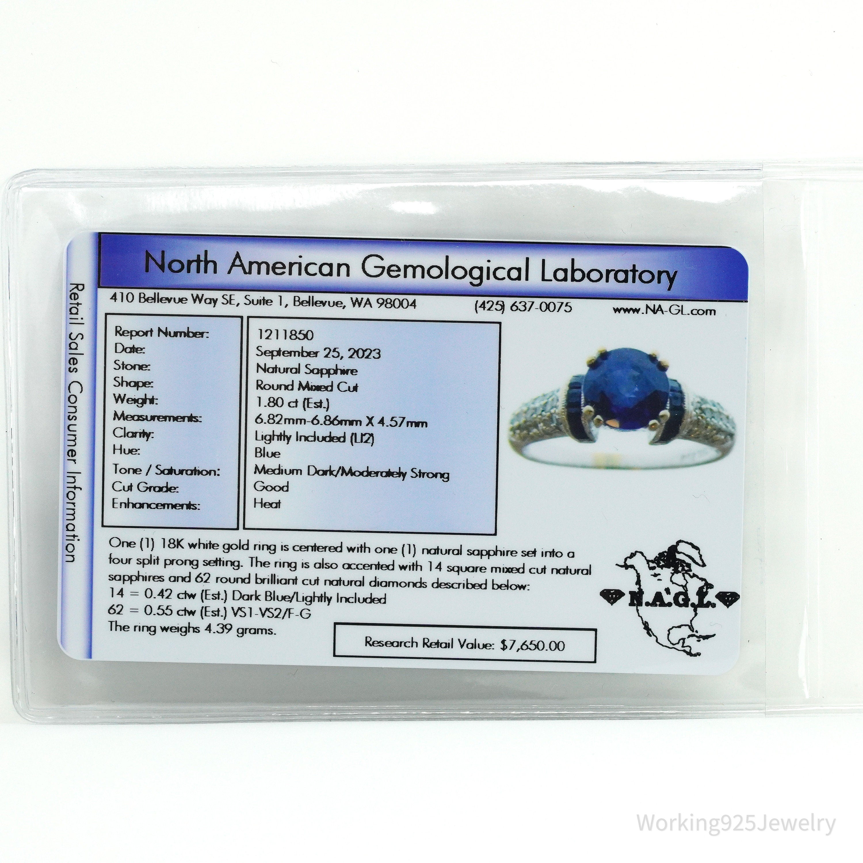 18K White Gold, Diamonds And Sapphire Ring Size - 6.75