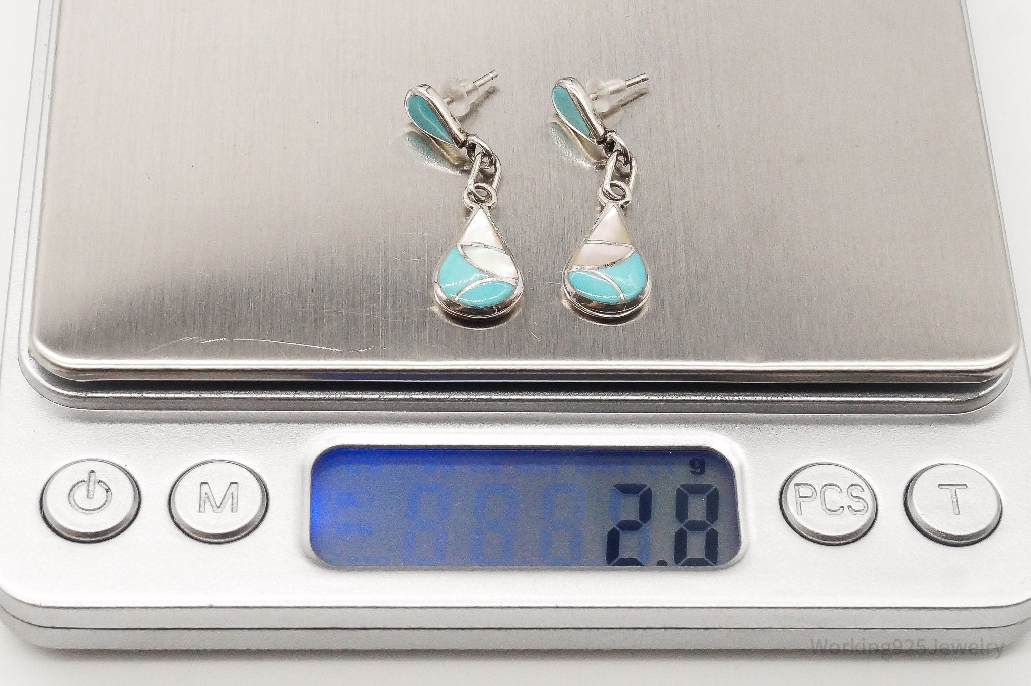 Vintage Native American Mother Of Pearl Turquoise Sterling Silver Earrings