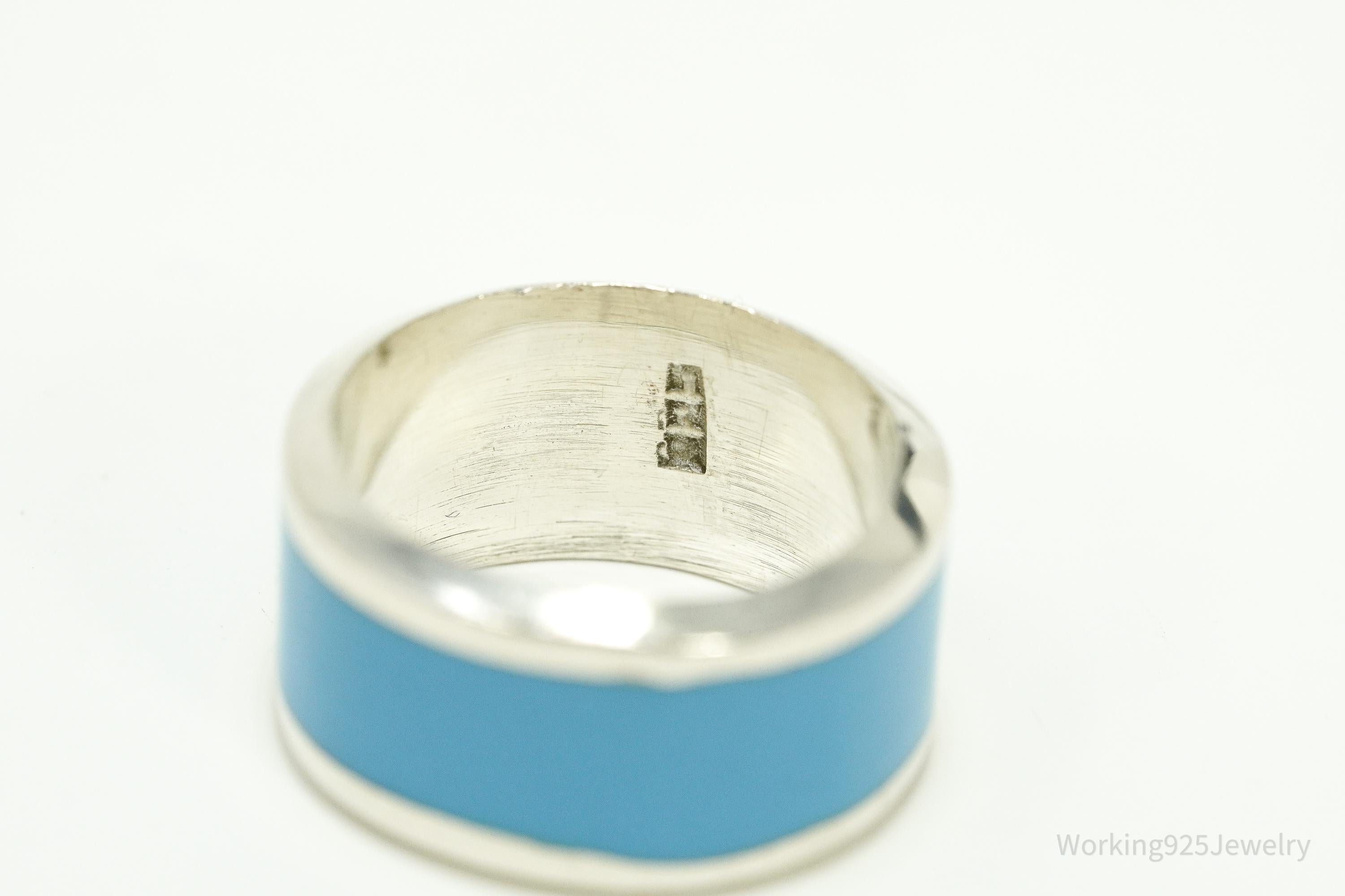 Vintage Blue Enamel Sterling Silver Wide Band Ring - Size 7.75