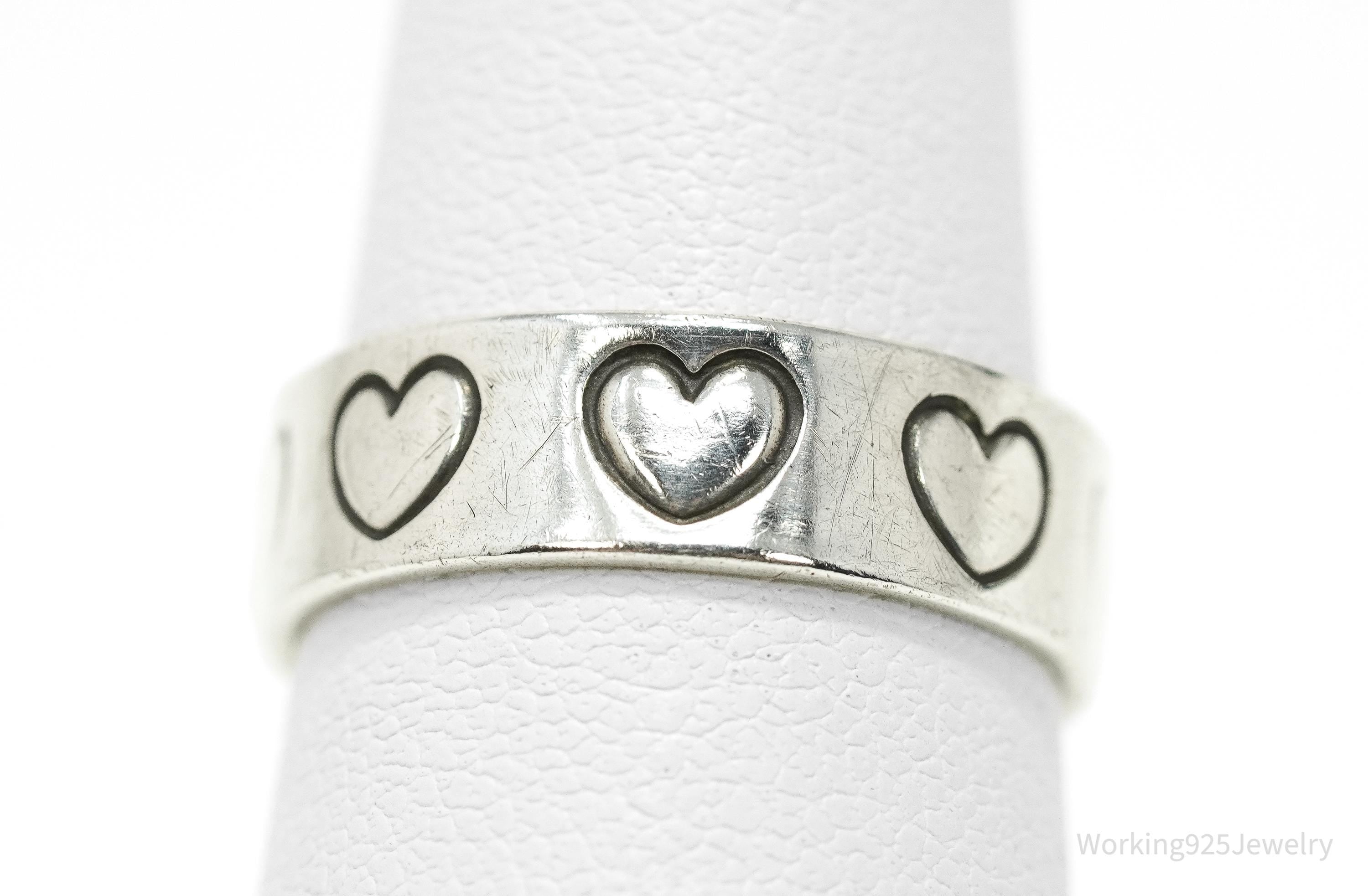 Vintage Heart Pattern Sterling Silver Band Ring - Size 6.75
