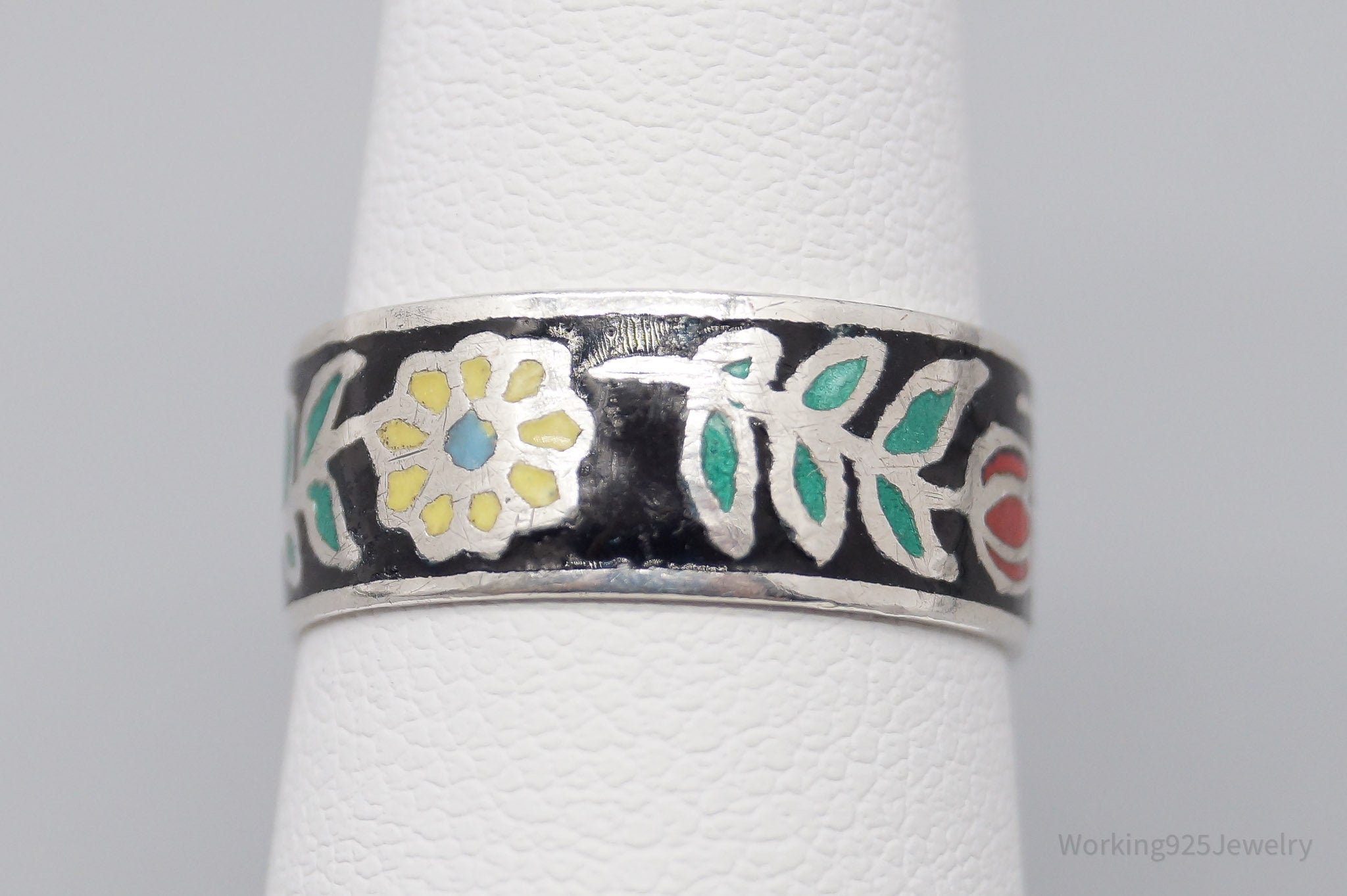 Vintage SIAM Flowers Enamel Sterling Silver Ring - Size 6