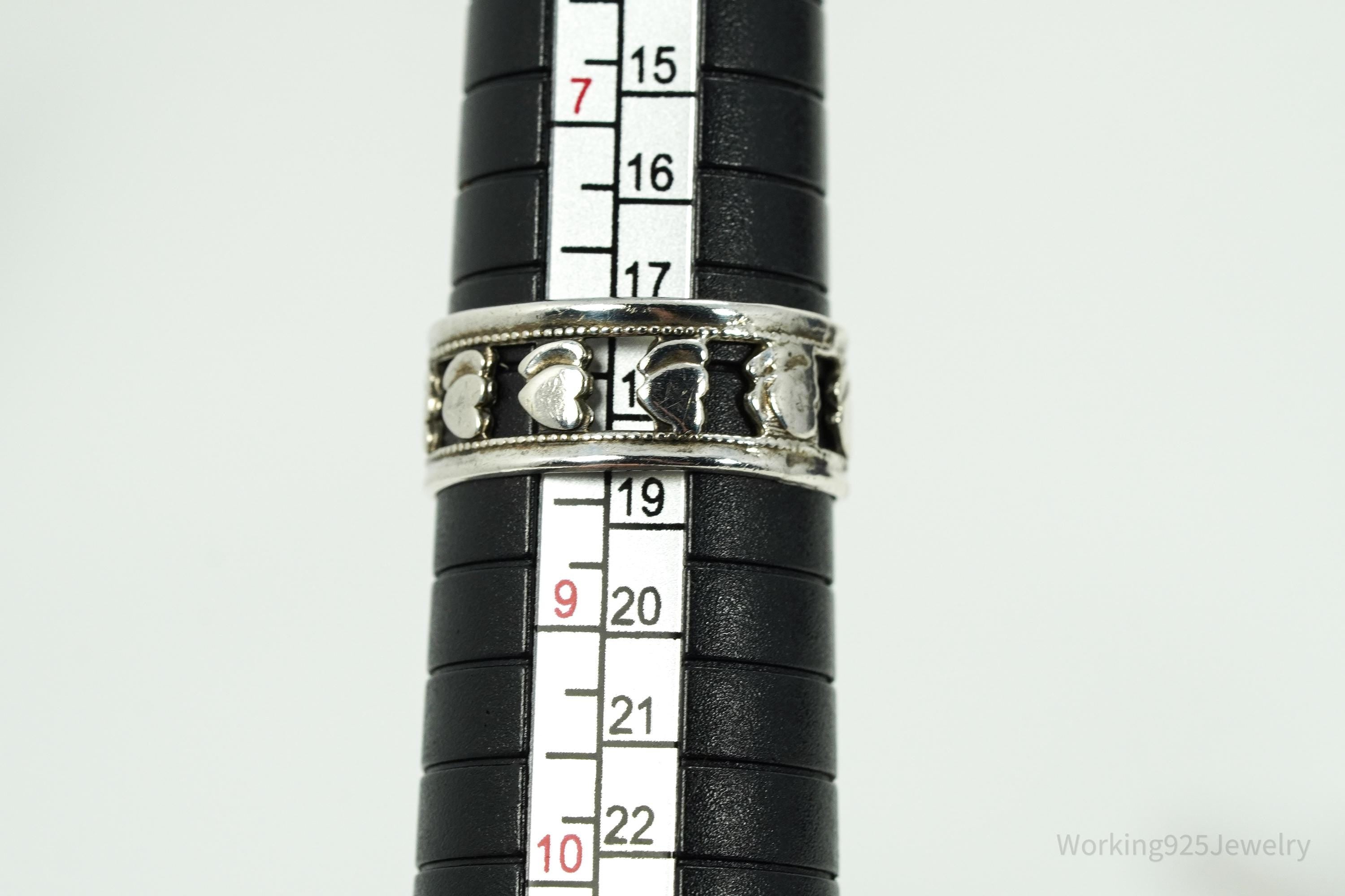 Antique Double Hearts Pattern Sterling Silver Band Ring - Size 8.25