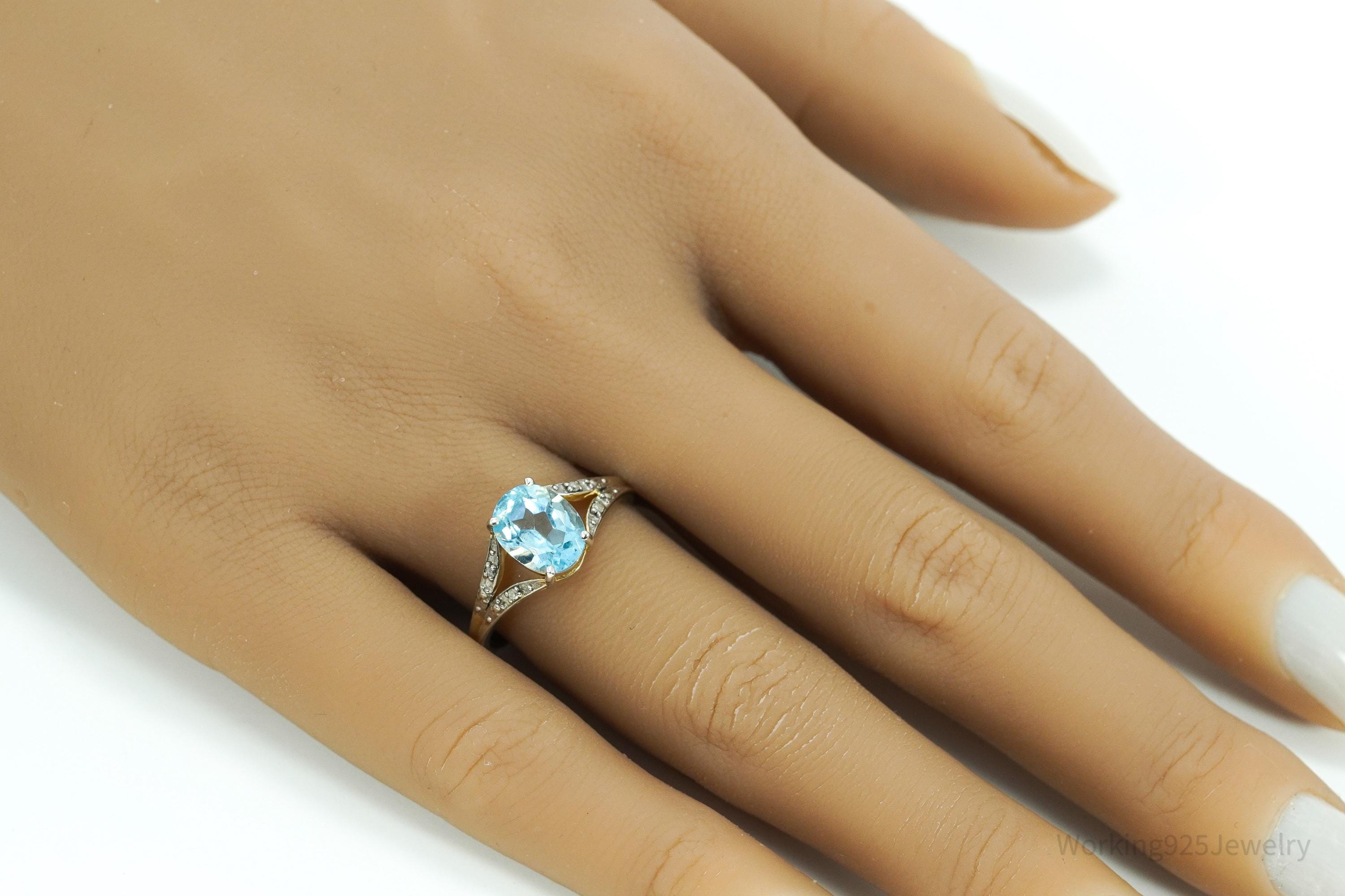 Vintage Blue Topaz & Diamond Gold Wash Sterling Silver Ring - Size 8