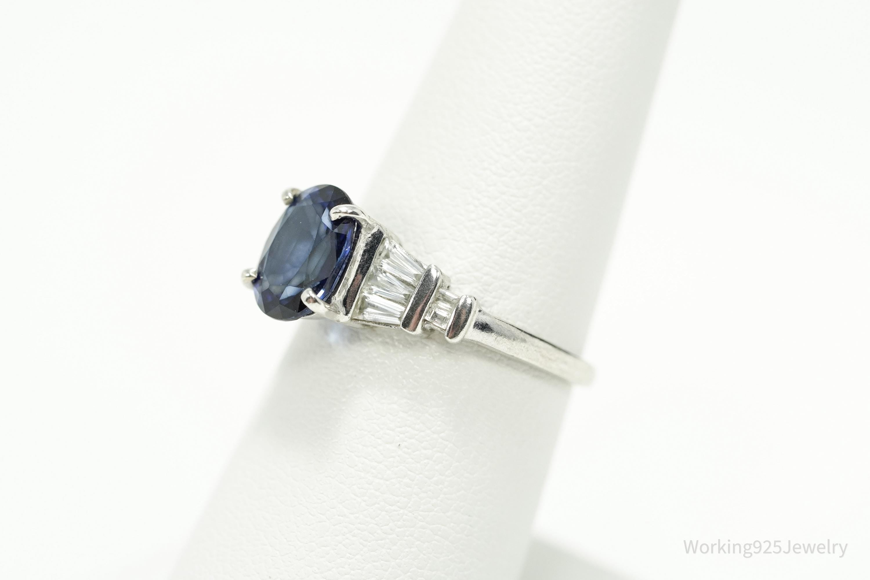 Vintage Lab Sapphire & Cubic Zirconia Sterling Silver Ring - Size 7