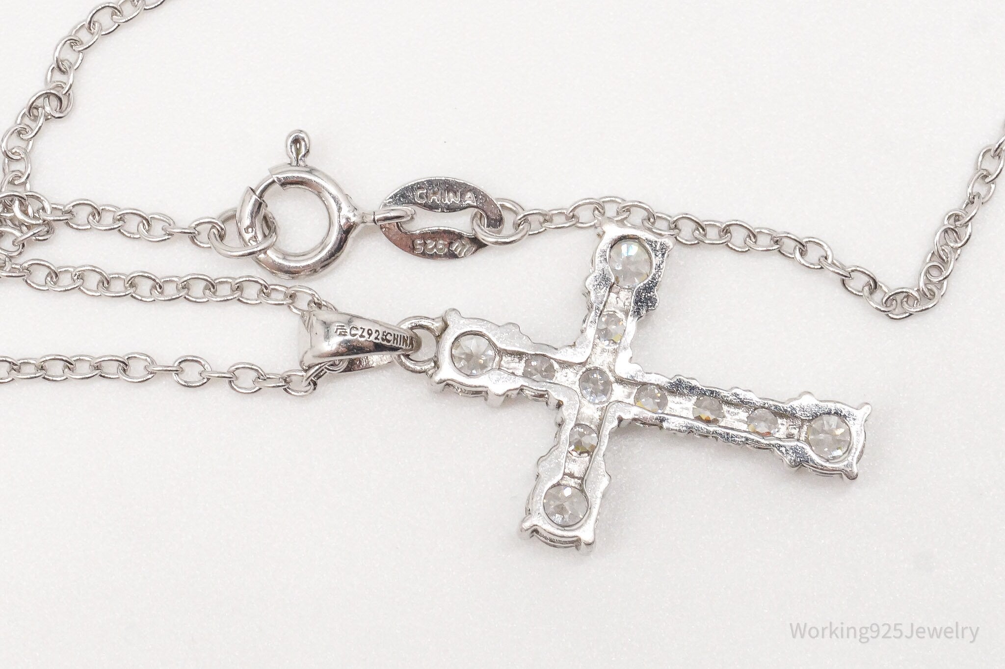 Vintage Cubic Zirconia Cross Platinum Clad Sterling Silver Necklace 18"