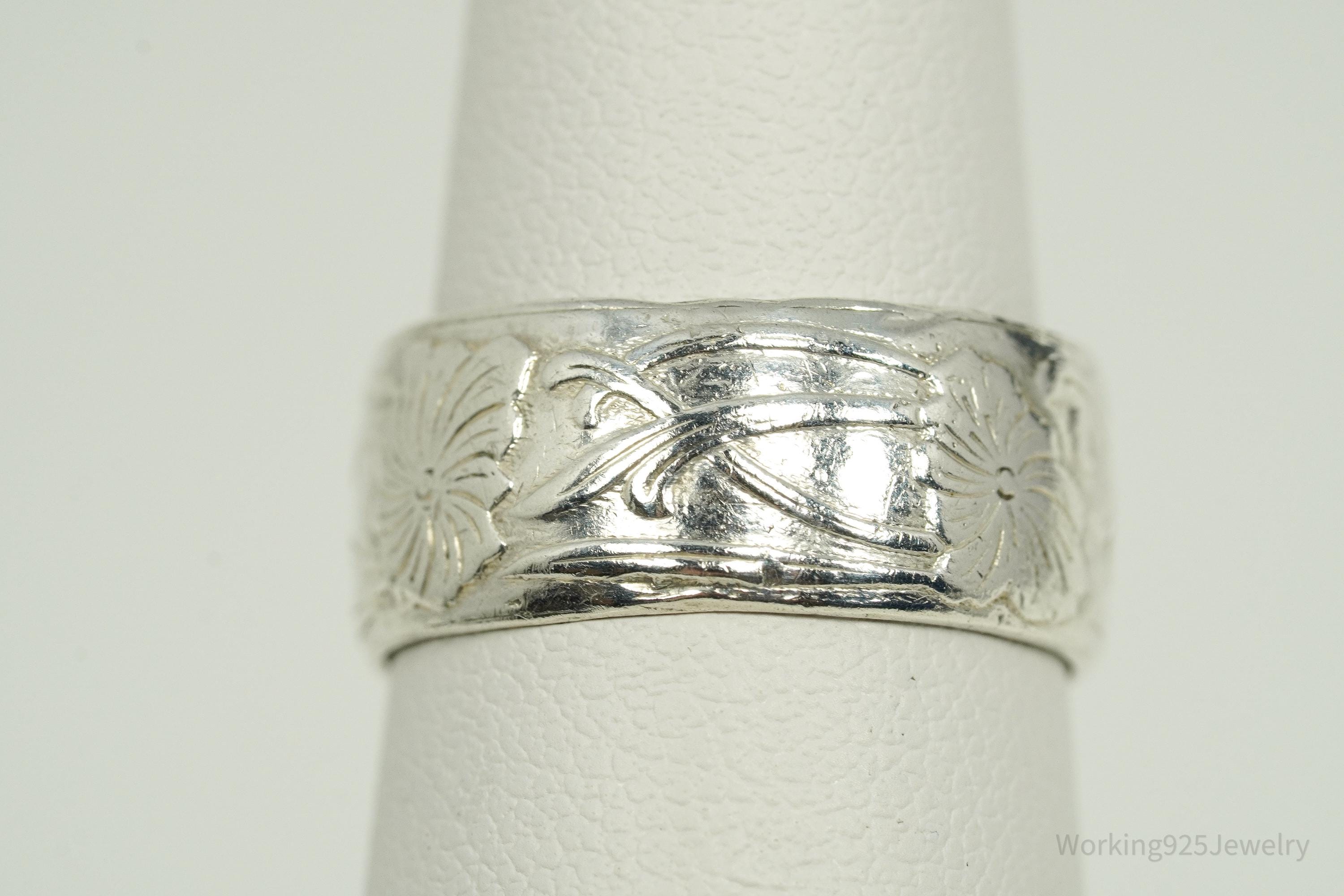 Antique Art Nouveau Style Sterling Silver Band Ring - Size 5.75