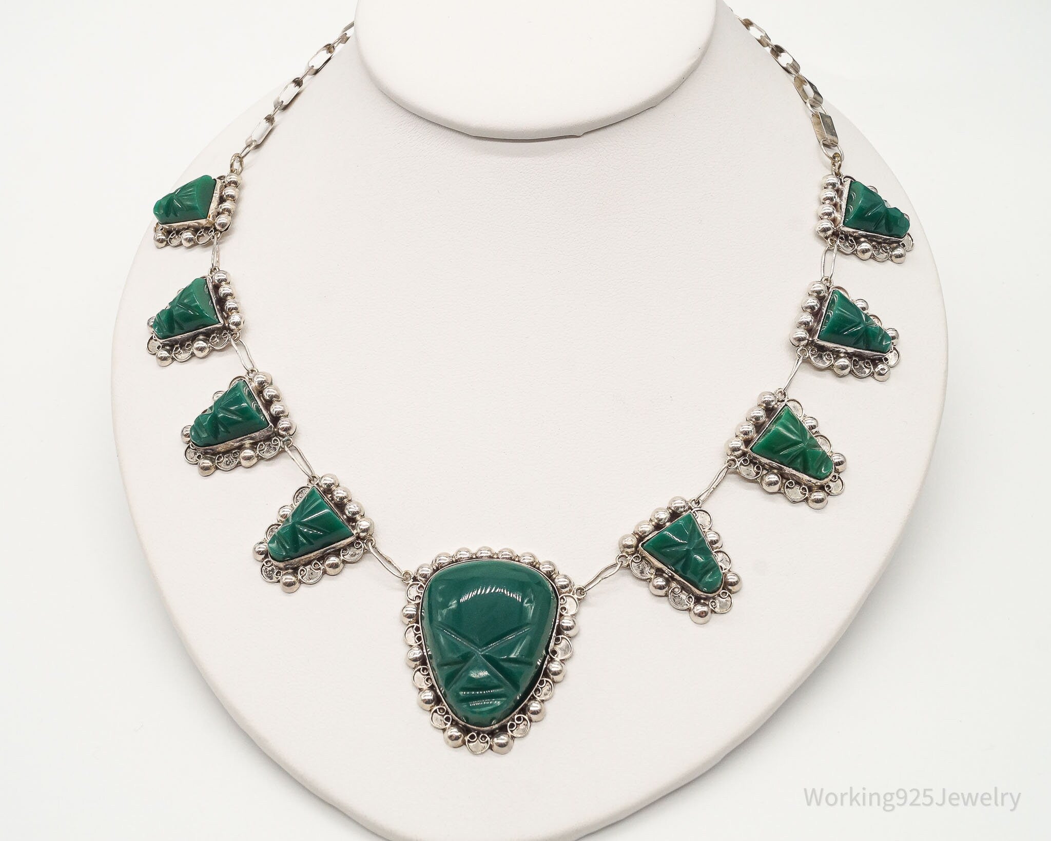 Vintage Mexico Green Onyx Carved Masks Sterling Silver Necklace