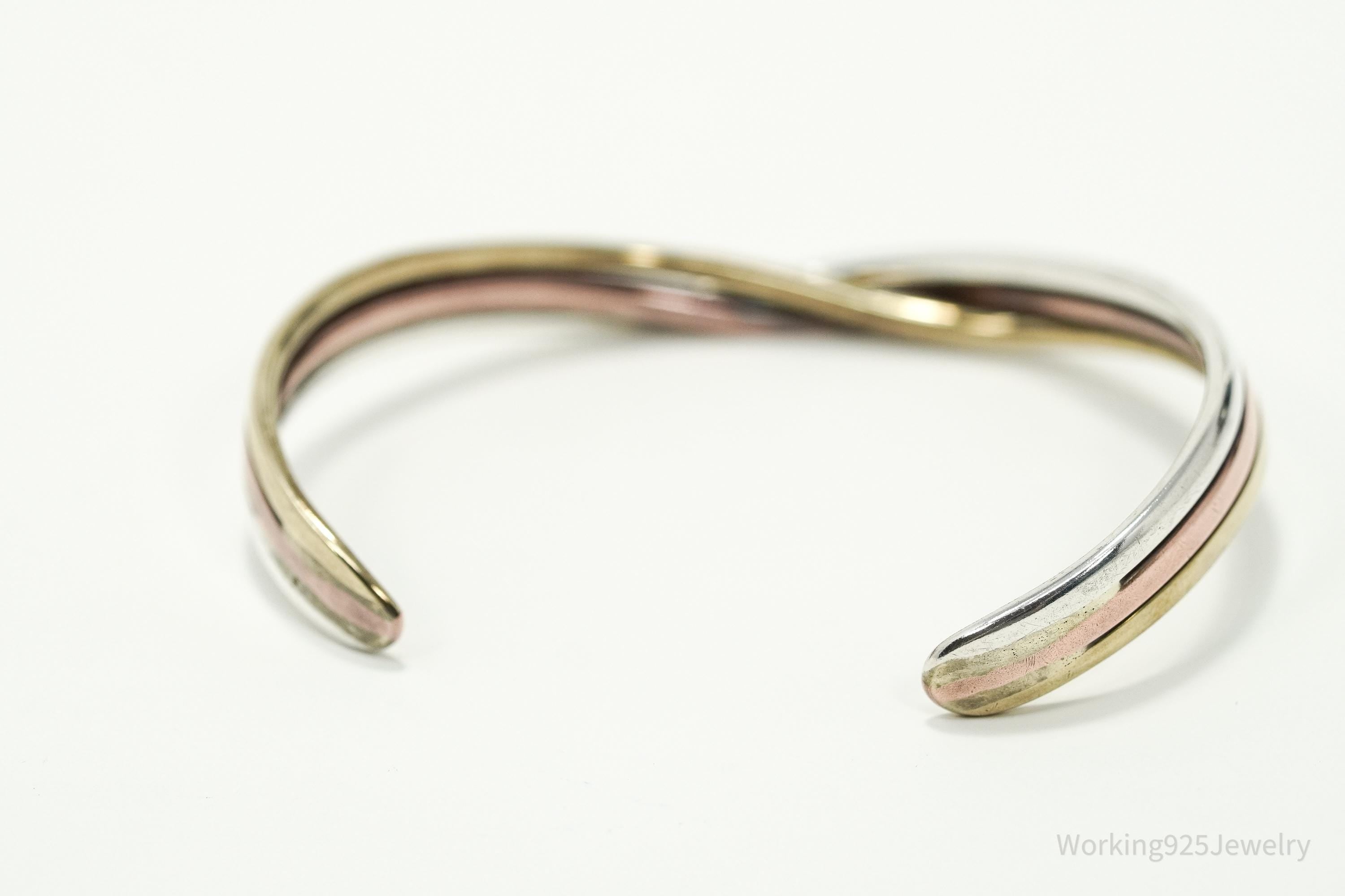 Vintage Three Metal Twist Sterling Silver Copper Brass Cuff Bracelet 6 3/8"