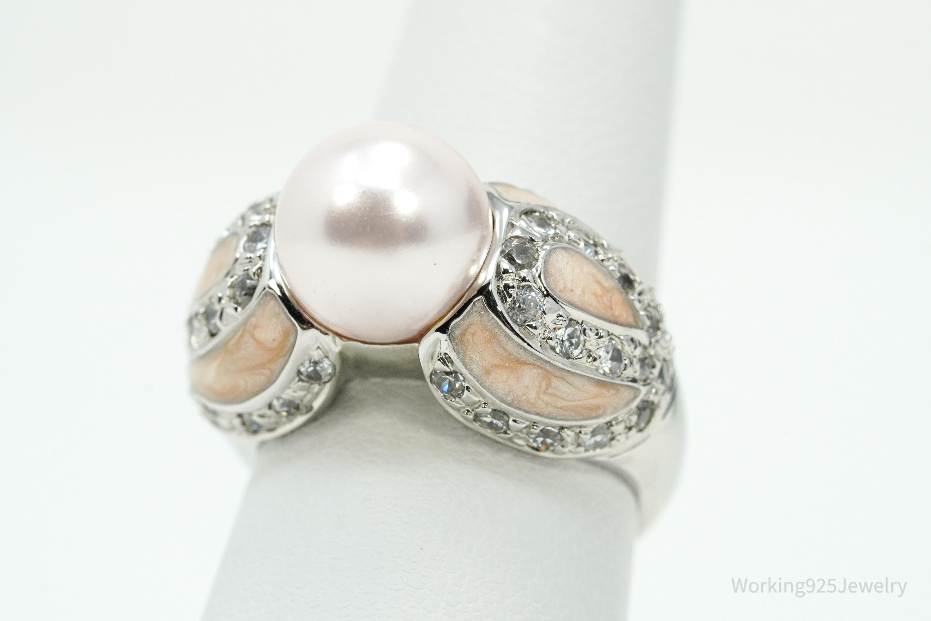 Vintage Ross Simons Pearl & Cubic Zirconia Enamel Sterling Silver Ring - Size 6.75