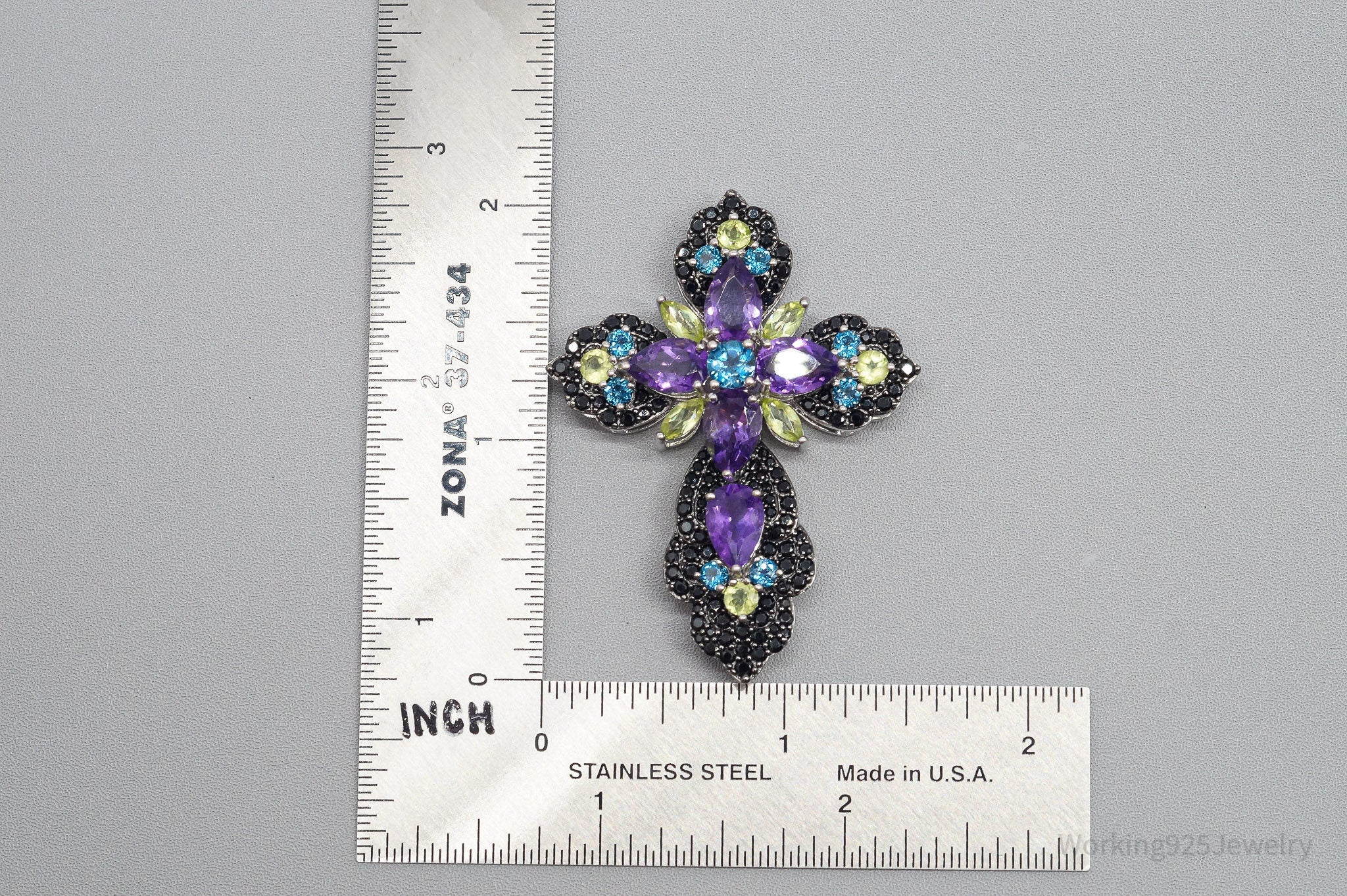 Large JTV DK Multi Gemstone Rhodium Over Sterling Silver Cross Pendant
