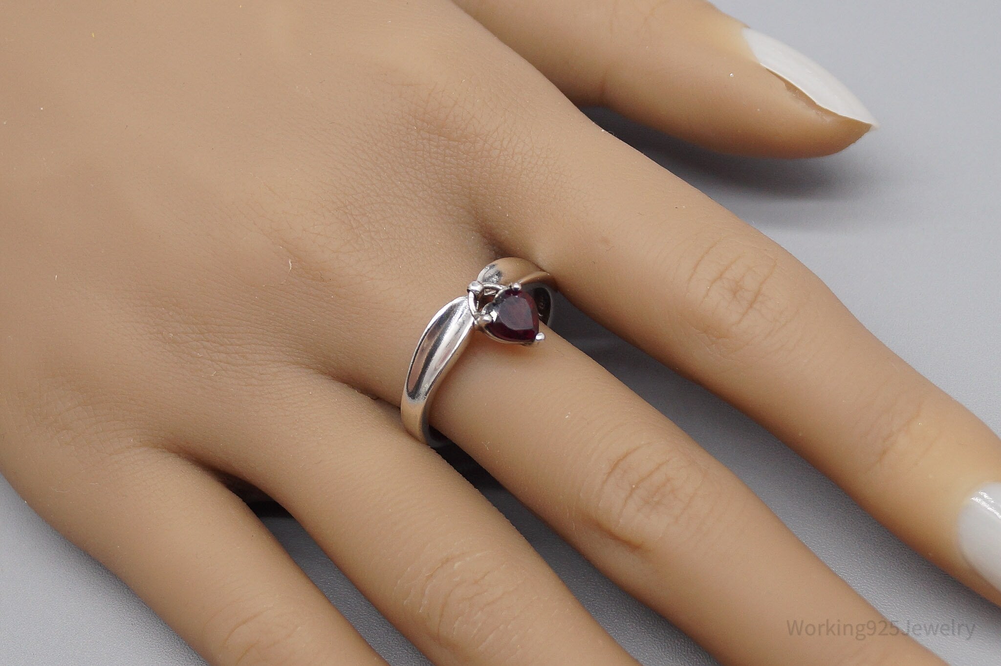 Vintage Avon Garnet Heart Charm Sterling Silver Ring - Size 11