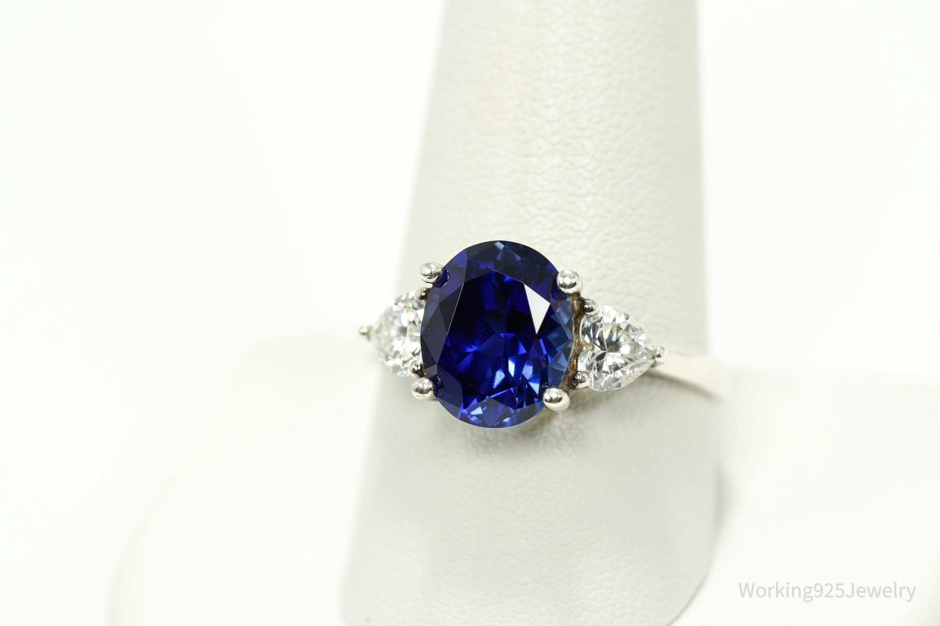 Vintage Lab Sapphire & Cubic Zirconia Sterling Silver Ring - Size 10.25